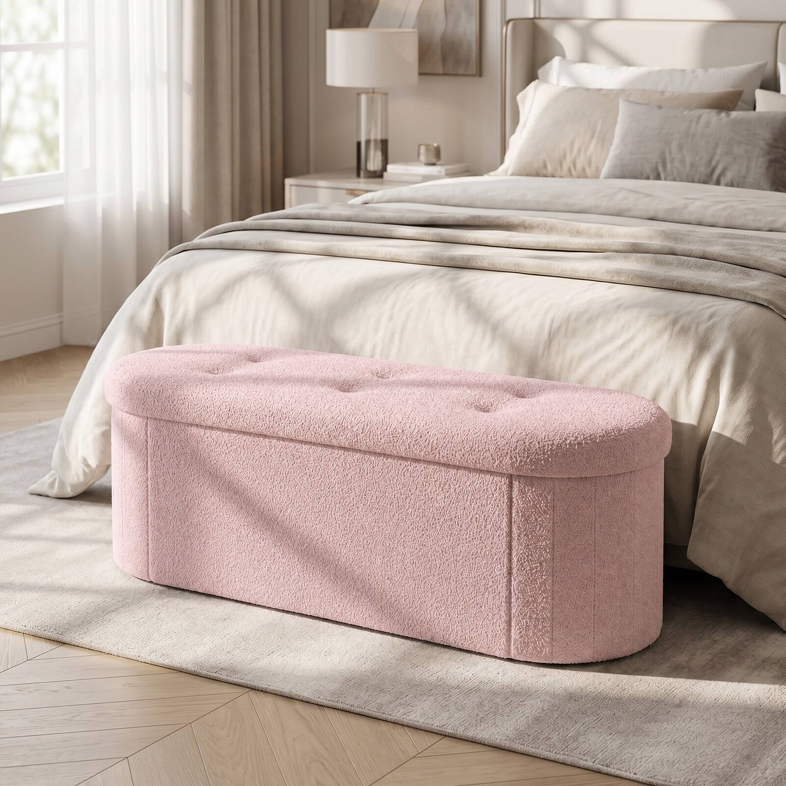 Alt View 2. Costway - Costway Storage Ottoman Bench 43" Oval Ottoman with Dividers Folding Teddy Boucle Footrest - Pink.