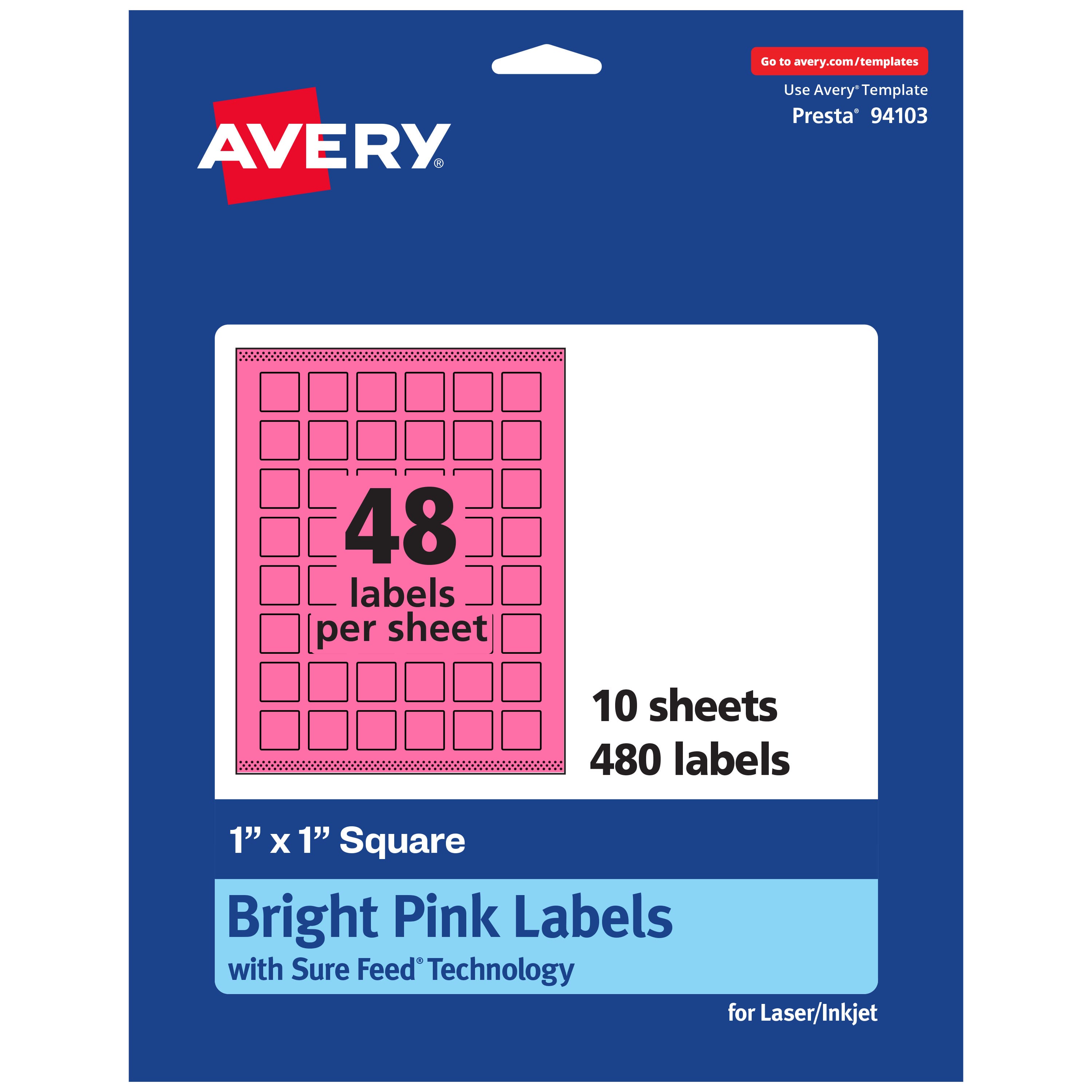Avery - Printable Square Labels, Bright 1" x 1", 480ct - Pink