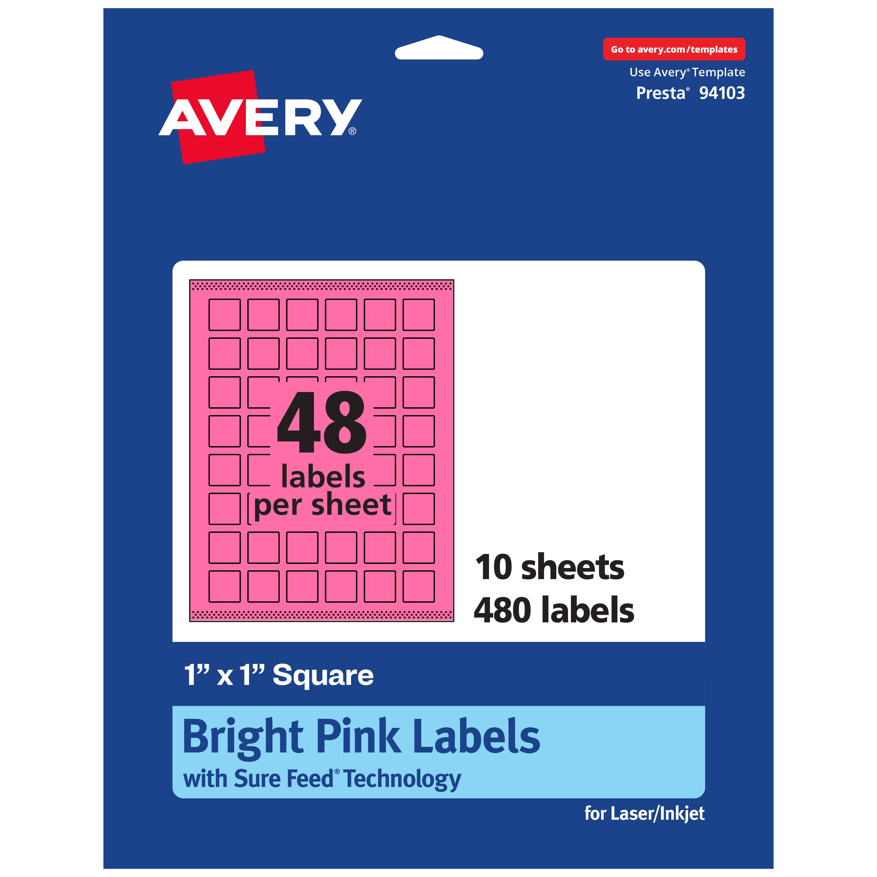 Go to avery.com/templates  
AVERY  
Use Avery Template Presta* 94103  
48 labels per sheet  
10 sheets  
480 labels  
1" x 1" Square  
Bright Pink Labels with Sure Feed Technology for Laser/Inkjet