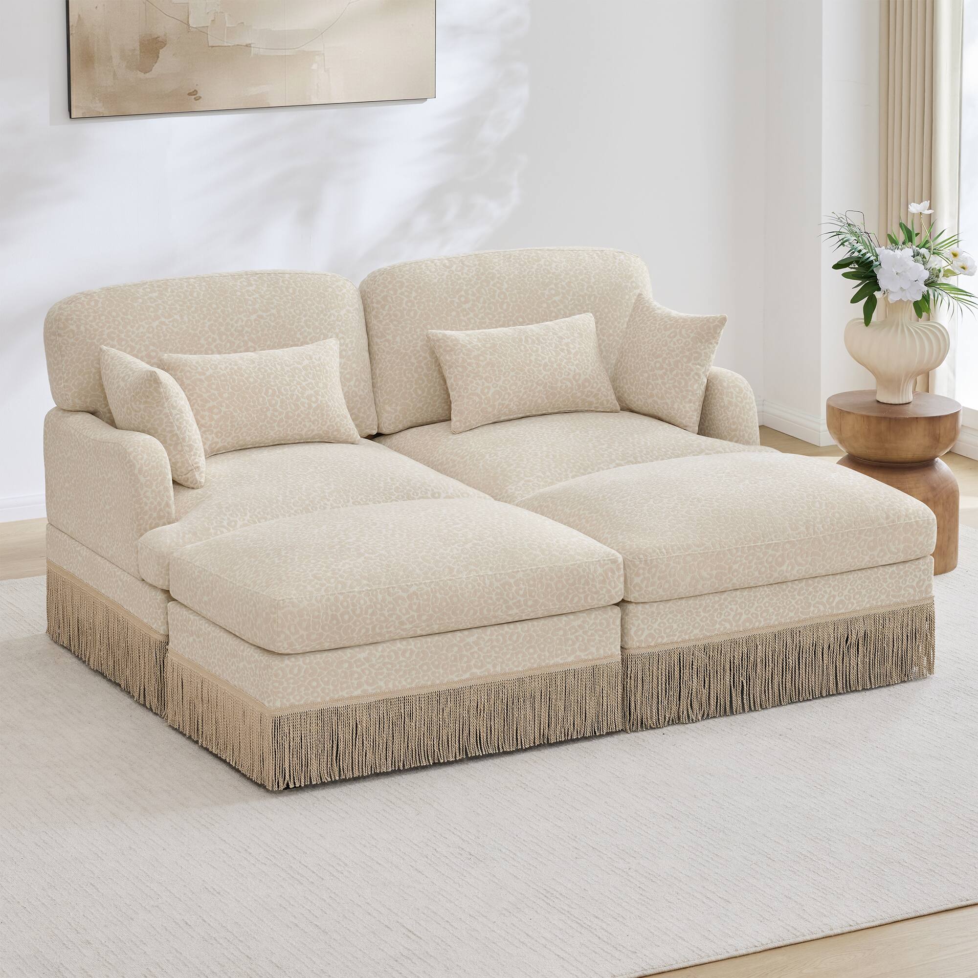 Back. Anysun - Modular Comfy Leopard Printing Loveseat with Exquisite Tassel Trimmings and 2 Movable Ottomans - Beige.