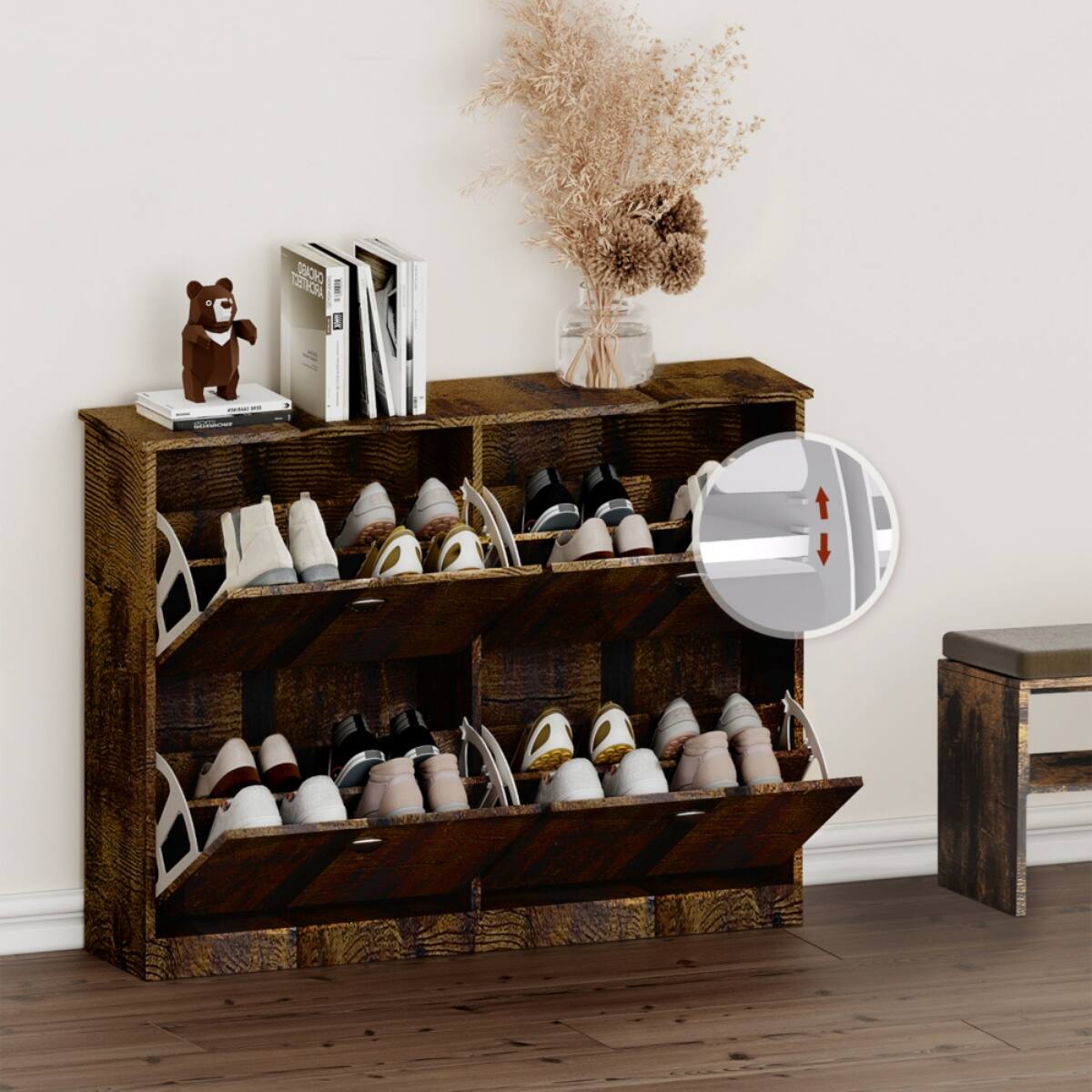 Back. HTUTWOO - Shoe Cabinet with 4 Flip-Top Drawers,Hidden Narrow Shoe Rack Cabinet for Entryway Hallway Bedroom, Family Use. - Brown.