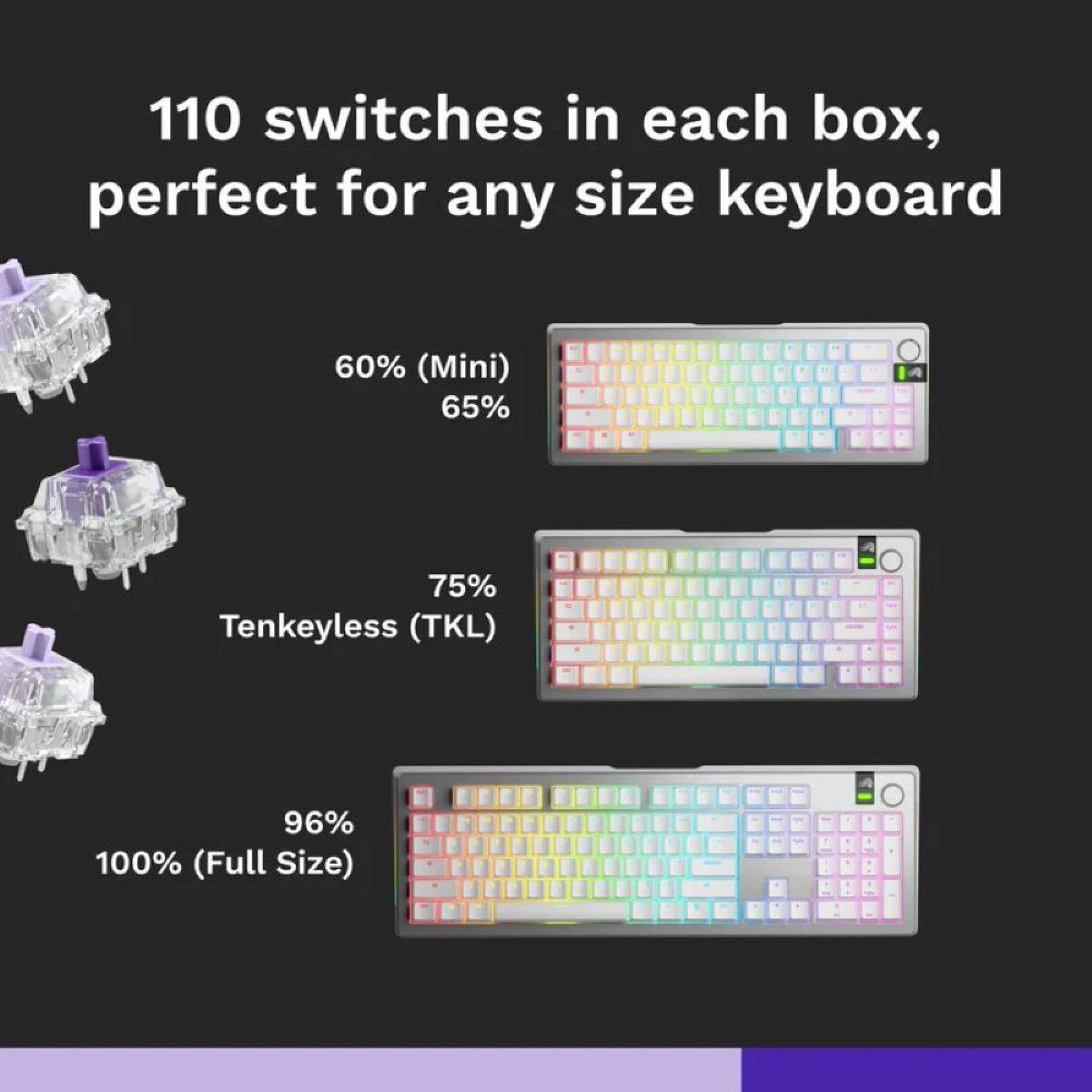 The image shows a comparison of different keyboard sizes and their corresponding switch counts. There are four keyboards displayed, each with a different size and switch count. The first keyboard is a 60% (Mini) keyboard with 110 switches, the second keyboard is a 65% keyboard with 110 switches, the third keyboard is a 75% keyboard with 110 switches, and the fourth keyboard is a 100% (Full Size) keyboard with 110 switches. The image highlights the versatility of these keyboards, as they cater to various preferences and requirements.