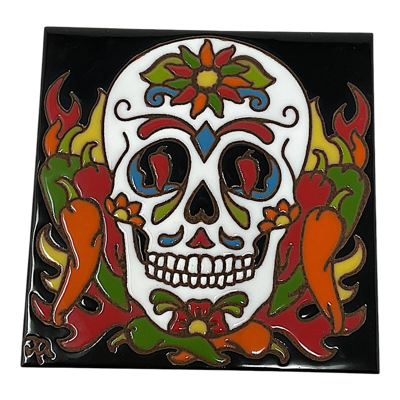 Front. Earthtones Tile - Earthtones Day of the Dead Chili Pepper Sugar Skull Southwest 6X6 Hand Glazed Decorative Tile or Kitchen Trivet - Multicolor.