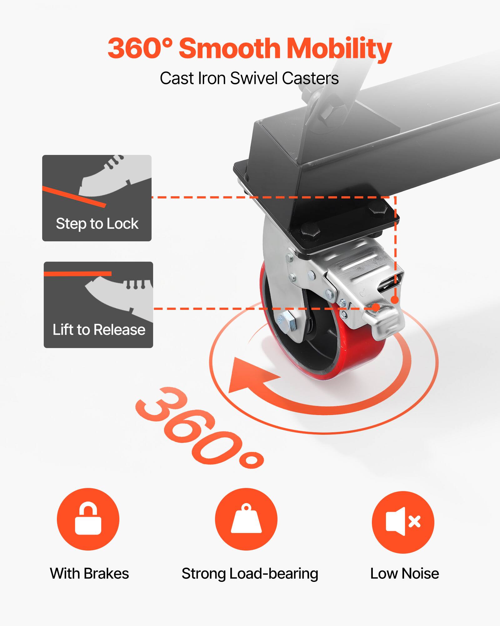 360° Smooth Mobility  
Cast Iron Swivel Casters  
Step to Lock  
Lift to Release  
With Brakes  
Strong Load-bearing  
Low Noise
