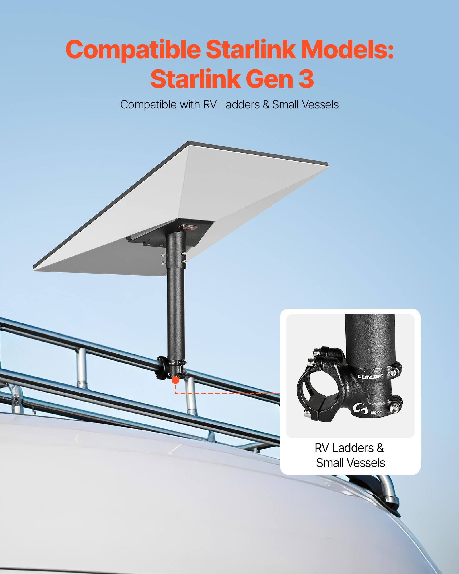 Compatible Starlink Models: Starlink Gen 3
Compatible with RV Ladders & Small Vessels
LUNJE G Eem RV Ladders & Small Vessels