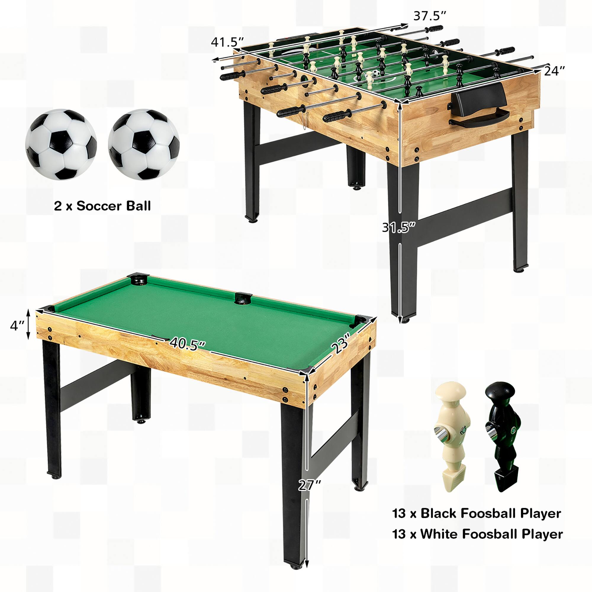The image shows a table with a foosball game on top of it. The table is accompanied by two soccer balls, one placed on the left side and the other on the right side of the table. The foosball game is made of wood and has a green surface. The table is made of wood and has a black metal frame. The dimensions of the table are 37.5" x 41.5" x 40.5" x 23" x 27". The table is designed to accommodate 13 black foosball players and 13 white foosball players.