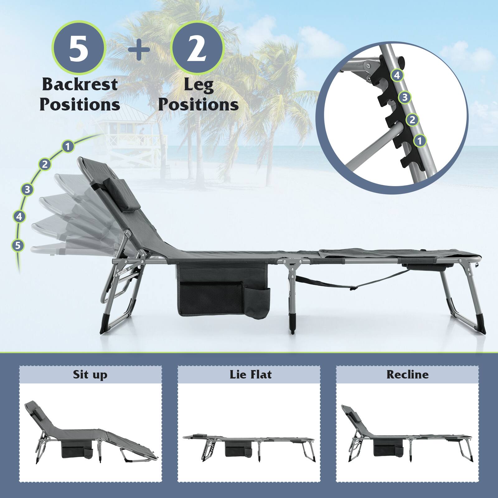 5 Backrest Positions  
+ 2 Leg Positions  

1 2 3 4 5  

Sit up  
Lie Flat  
Recline