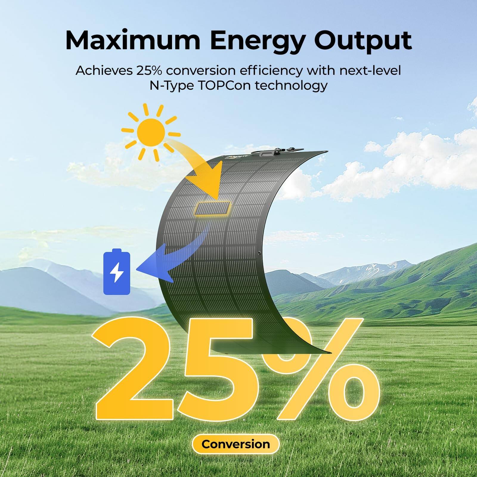 Maximum Energy Output  
Achieves 25% conversion efficiency with next-level N-Type TOPCon technology  
25% Conversion