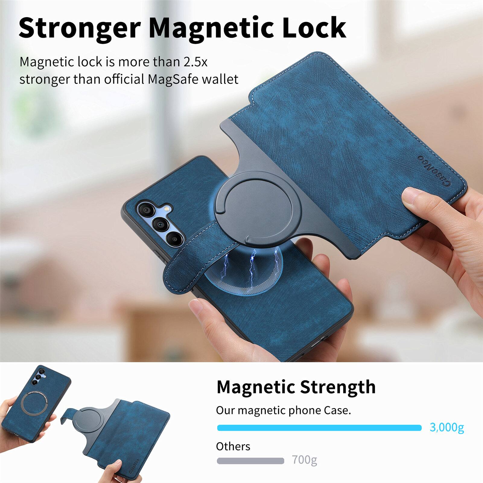 Stronger Magnetic Lock

Magnetic lock is more than 2.5x stronger than official MagSafe wallet

Magnetic Strength

Our magnetic phone Case.

3,000g

Others

700g