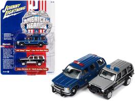 Johnny Lightning - 1997 Chevrolet Tahoe New York State Trooper Blue Gold Stripes & Jeep Cherokee XJ North Carolina State Trooper 1/64 - Blue with Gold, Black and Silver