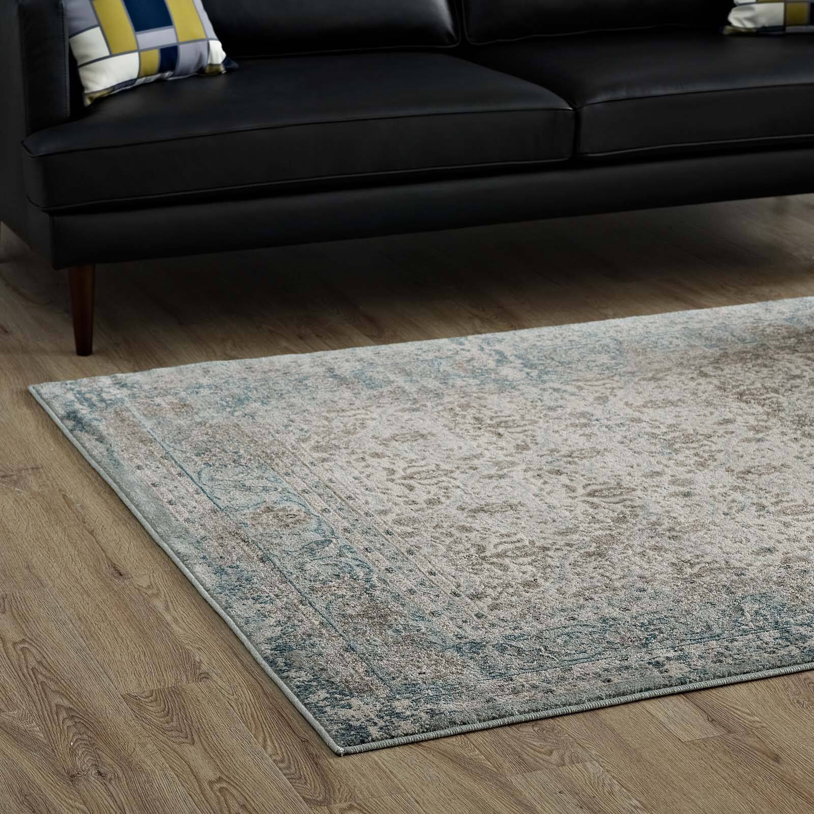 Back. Modway - Dilys Distressed Vintage Floral Lattice Area Rug - Teal Brown and Beige.