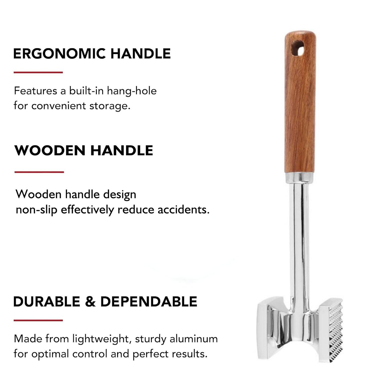 ERGONOMIC HANDLE  
Features a built-in hang-hole for convenient storage.

WOODEN HANDLE  
Wooden handle design non-slip effectively reduce accidents.

DURABLE & DEPENDABLE  
Made from lightweight, sturdy aluminum for optimal control and perfect results.