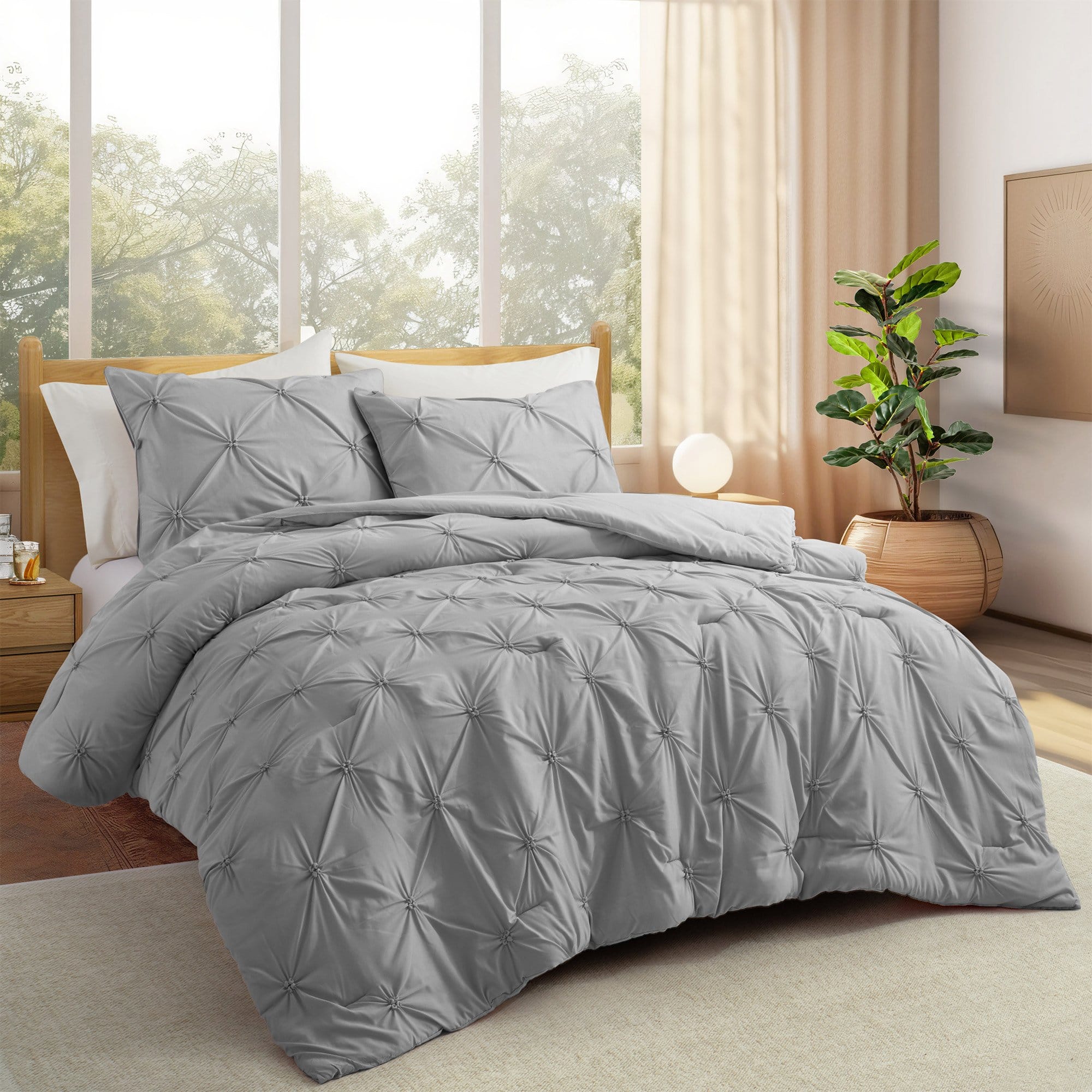 Peace Nest 3 Pieces Pinch Pintuck Comforter Set Bedding Set for All Season - Dark Gray