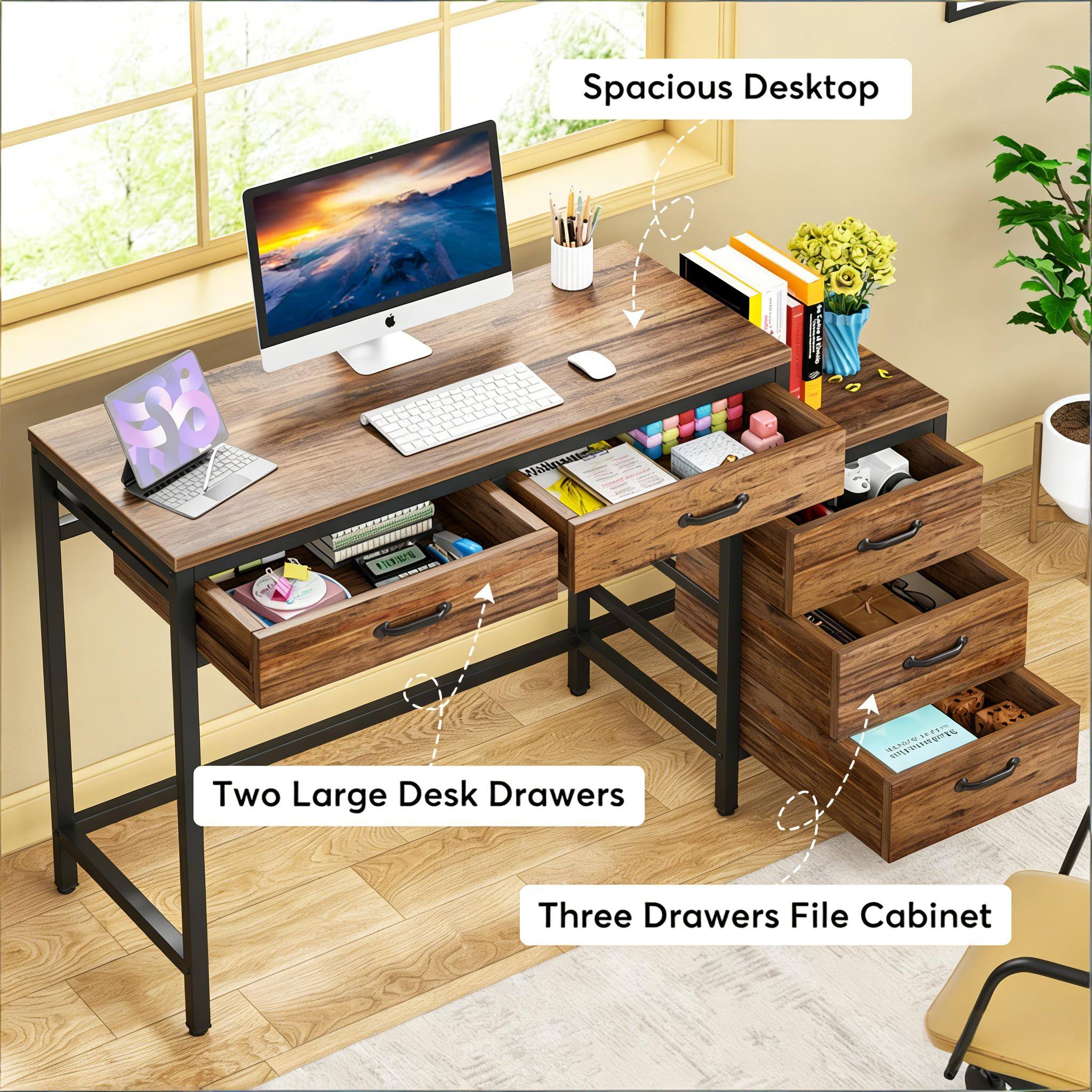 Spacious Desktop  
Two Large Desk Drawers  
Three Drawers File Cabinet