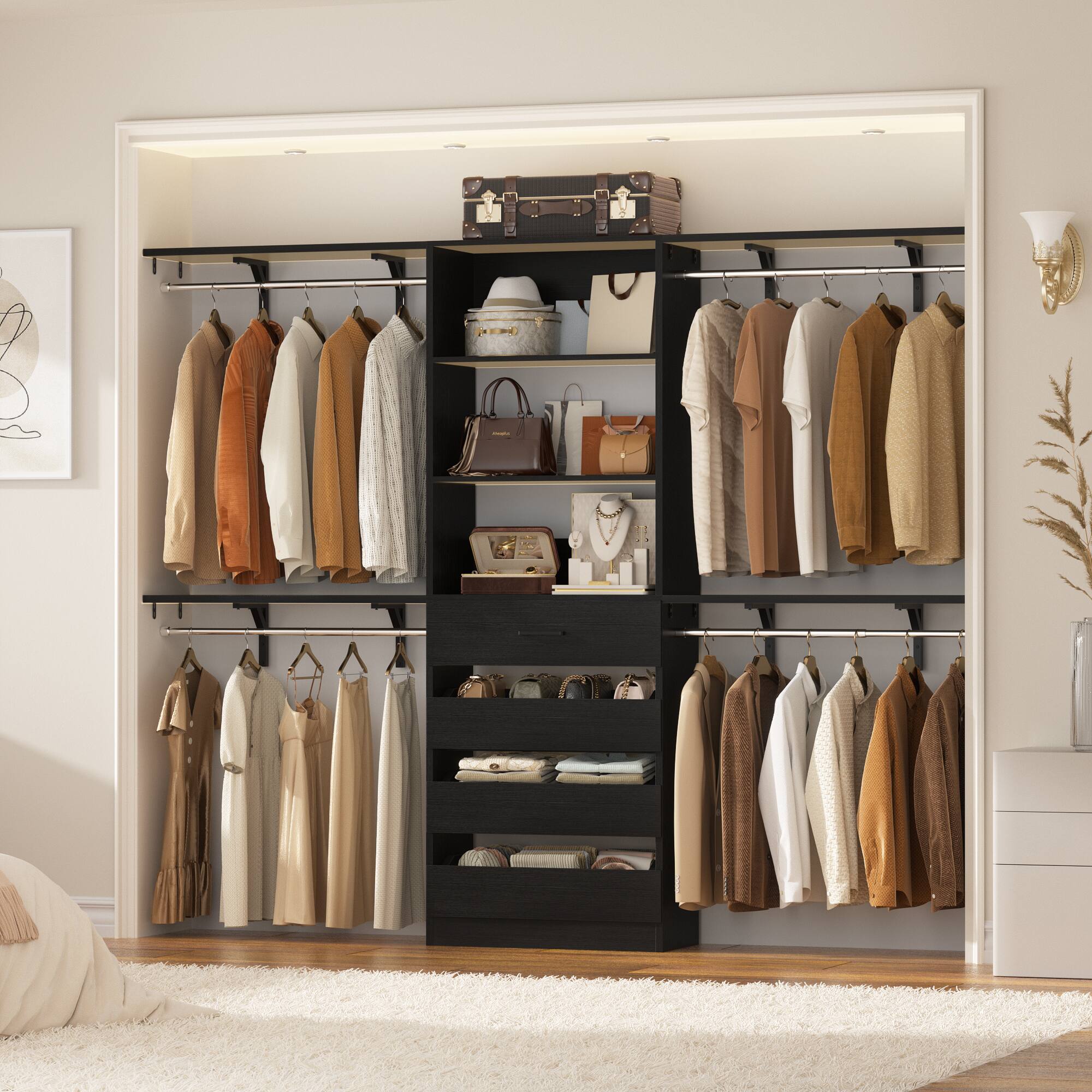 Back. Aheaplus - Heavy-Duty 8FT Closet Organizer with 4 Drawers - Customizable Storage for Spaces 4-9 ft - Black.