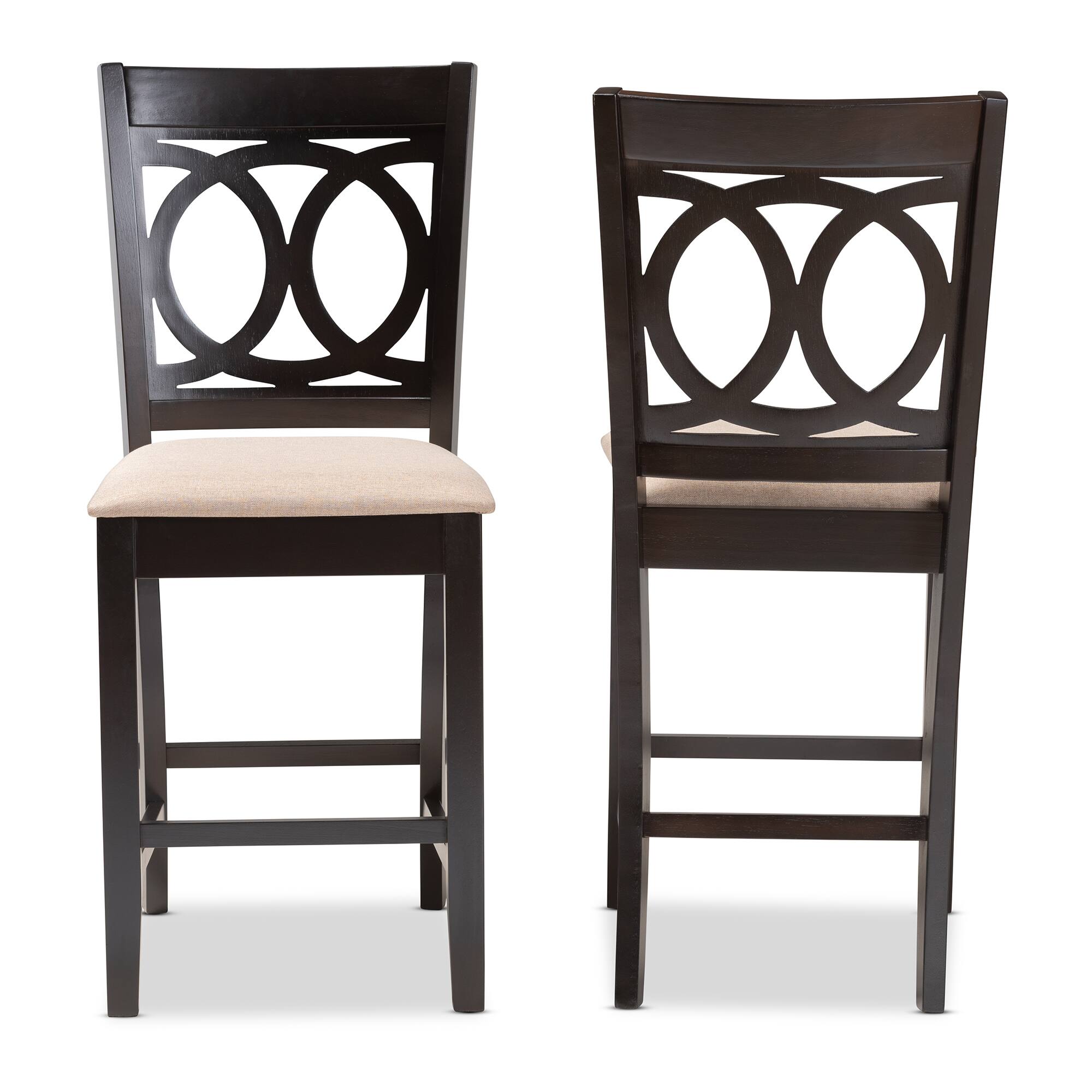 Angle. Baxton Studio - Lenoir Modern and Contemporary Fabric Upholstered Espresso Finished Wood 2-Piece Counter Height Pub Chair Set - Sand Brown/Espresso.