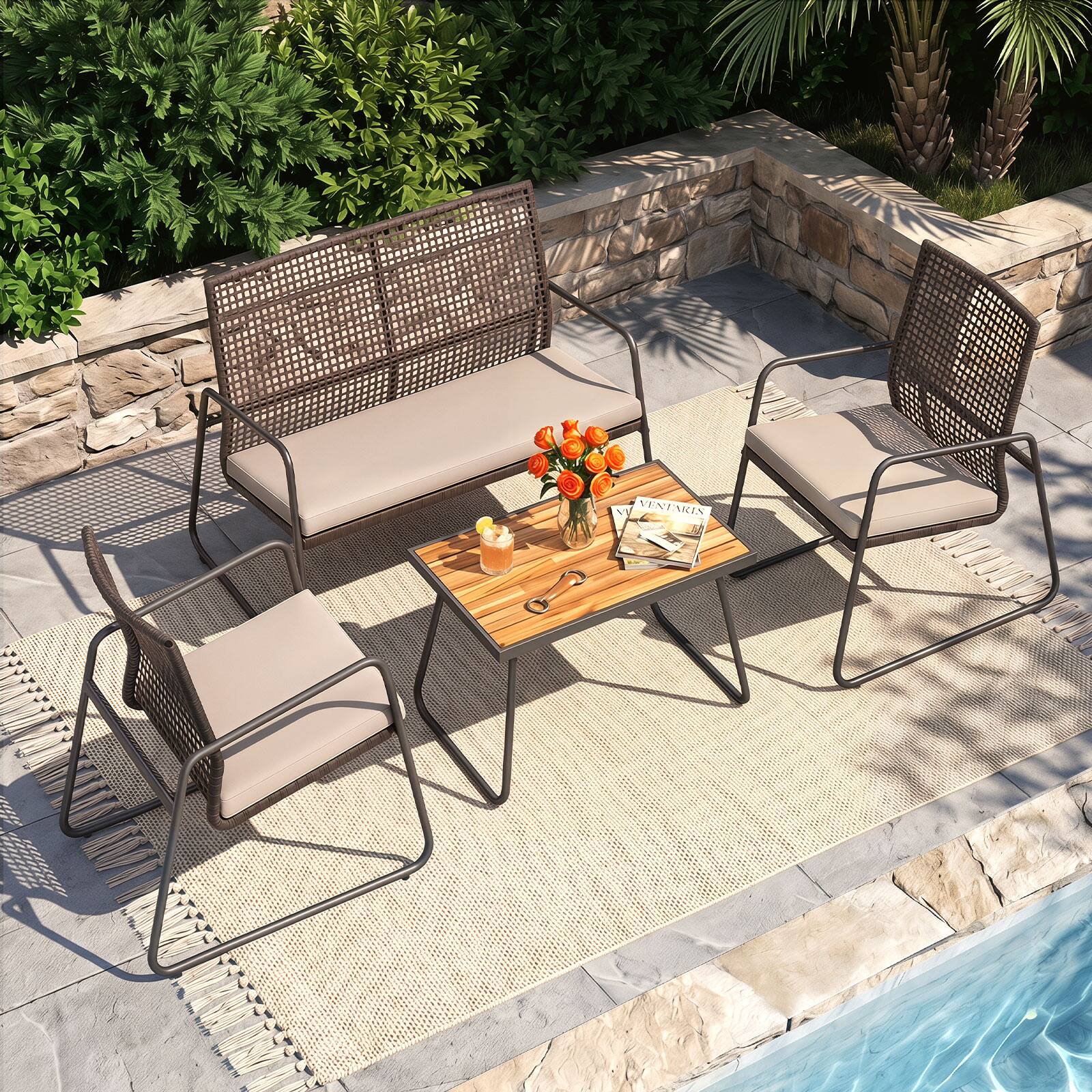 Alt View 3. Gymax - Gymax 4PCS Patio Furniture Set PE Wicker Rattan Conversation Set w/ Zippered Cushions - Beige.