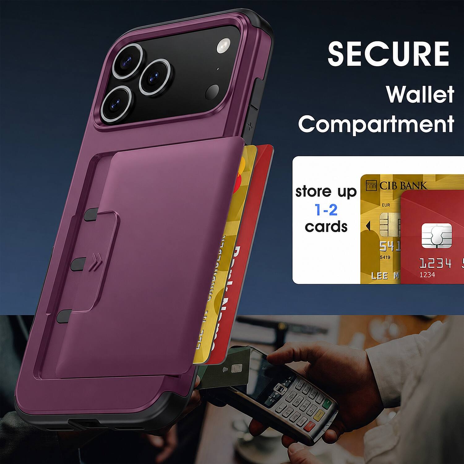 SECURE Wallet Compartment  
- CHILDROLDER Park START  
store up 1-2 cards  
CIB BANK EUR 5419 1234 ! LEE M 1234