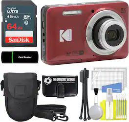 Kodak - PIXPRO FZ55 Red 16MP Digital Camera 5X Optical Zoom 1080P Full HD Video + 64GB Card + Case + Memory Wallet + Bundle