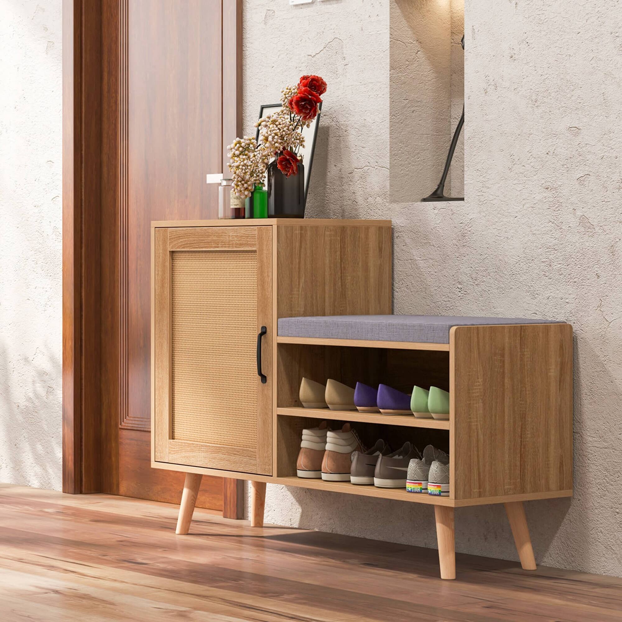 Alt View 13. Costway - 2-in-1 Rattan Shoe Cabinet with Bench 3 Adjustable Shelves & Solid Pine Wood Legs - Natural.
