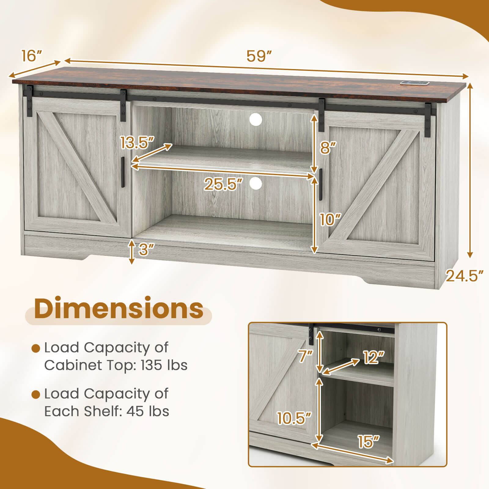 Dimensions: 16" x 59" x 13.5" x 8"
Load Capacity of Cabinet Top: 135 lbs
Load Capacity of Each Shelf: 45 lbs
7" x 10.5" x 12" x 15"