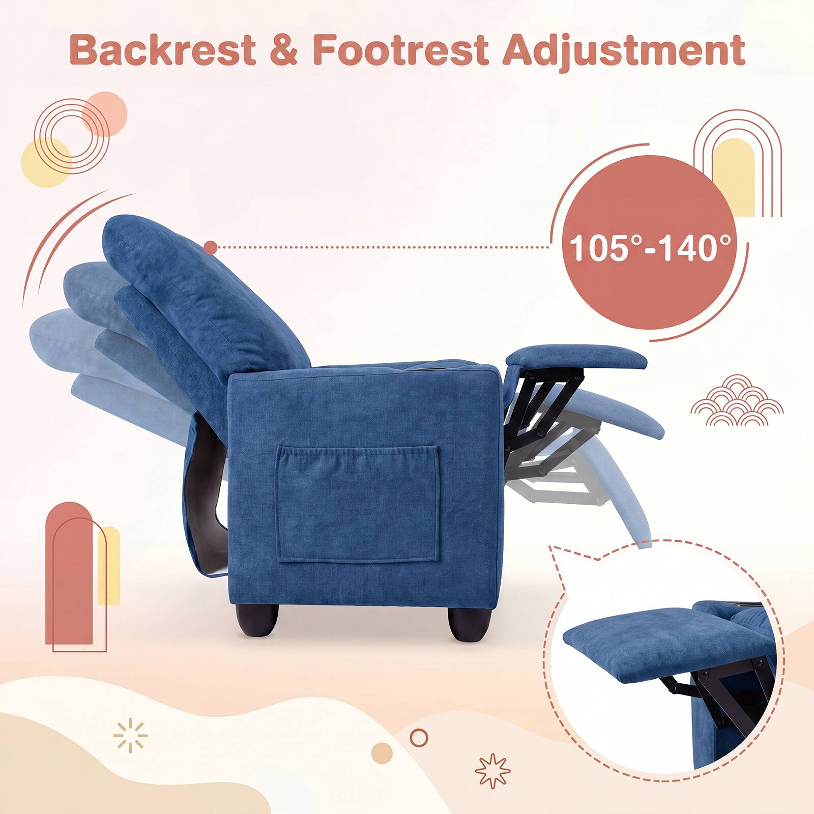 Backrest & Footrest Adjustment  
105°-140°
