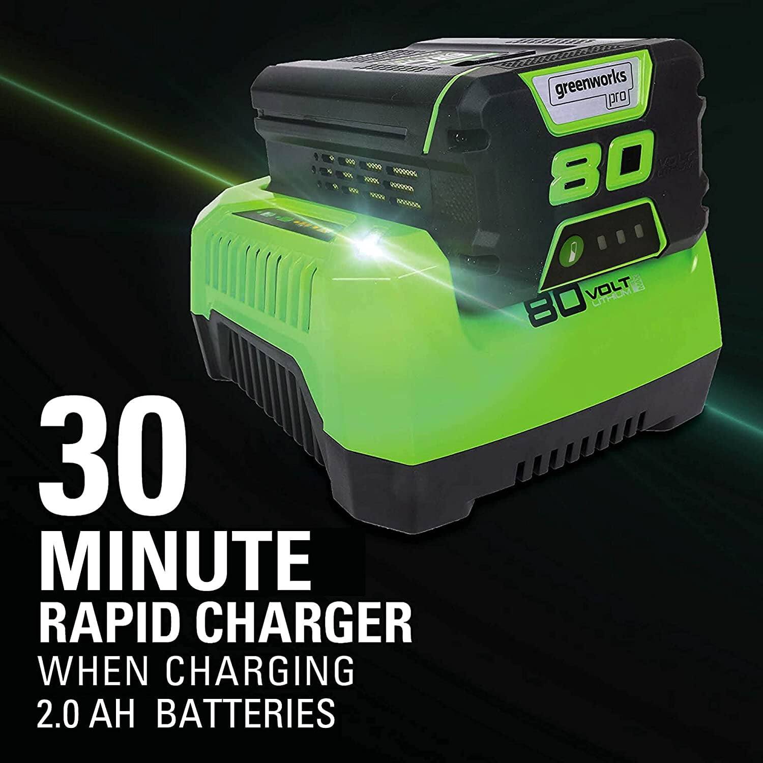& greenworks pro 80 30 MINUTE RAPID CHARGER WHEN CHARGING 2.0 AH BATTERIES VOLT UTHOM 80