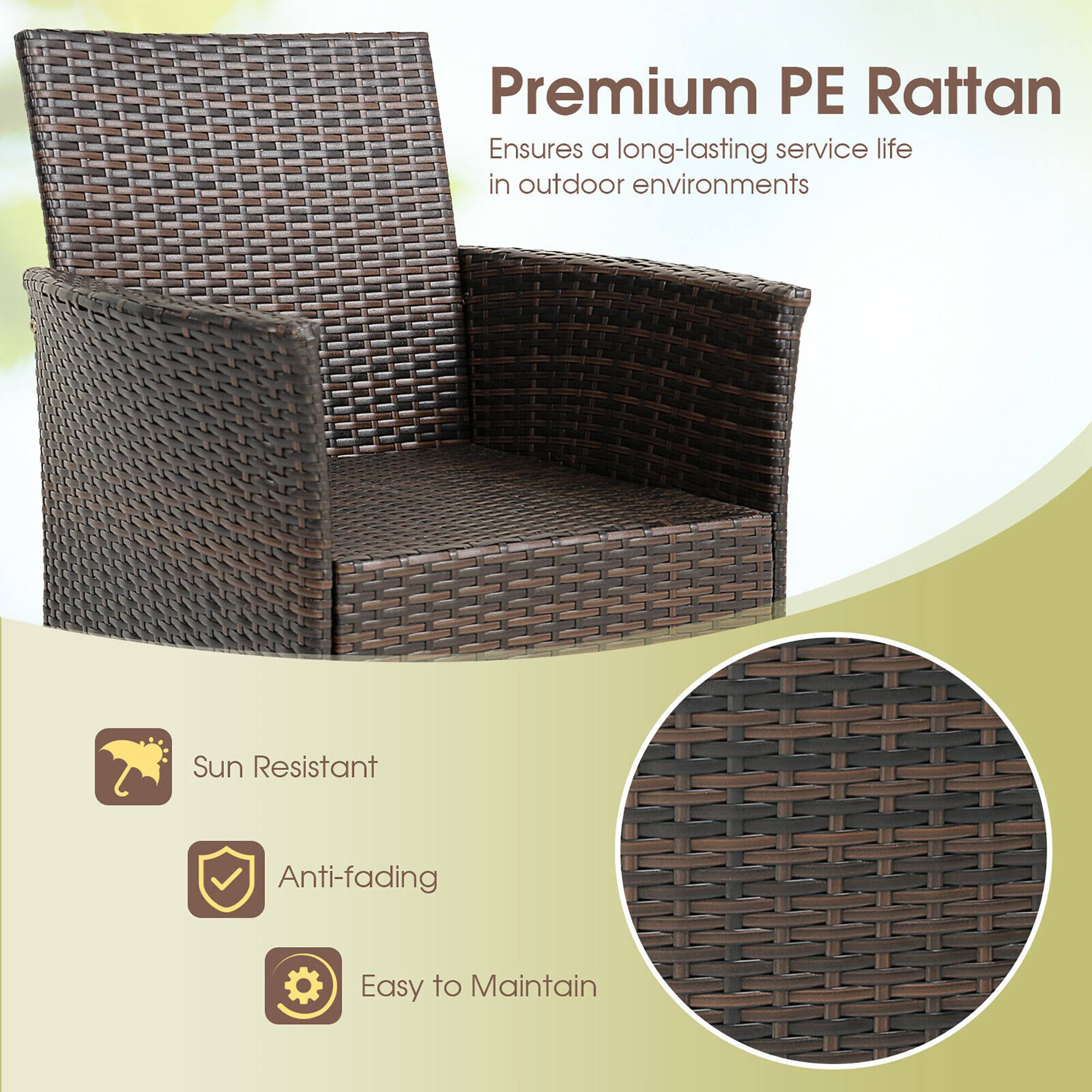 Premium PE Rattan  
Ensures a long-lasting service life in outdoor environments  

- Sun Resistant  
- Anti-fading  
- Easy to Maintain