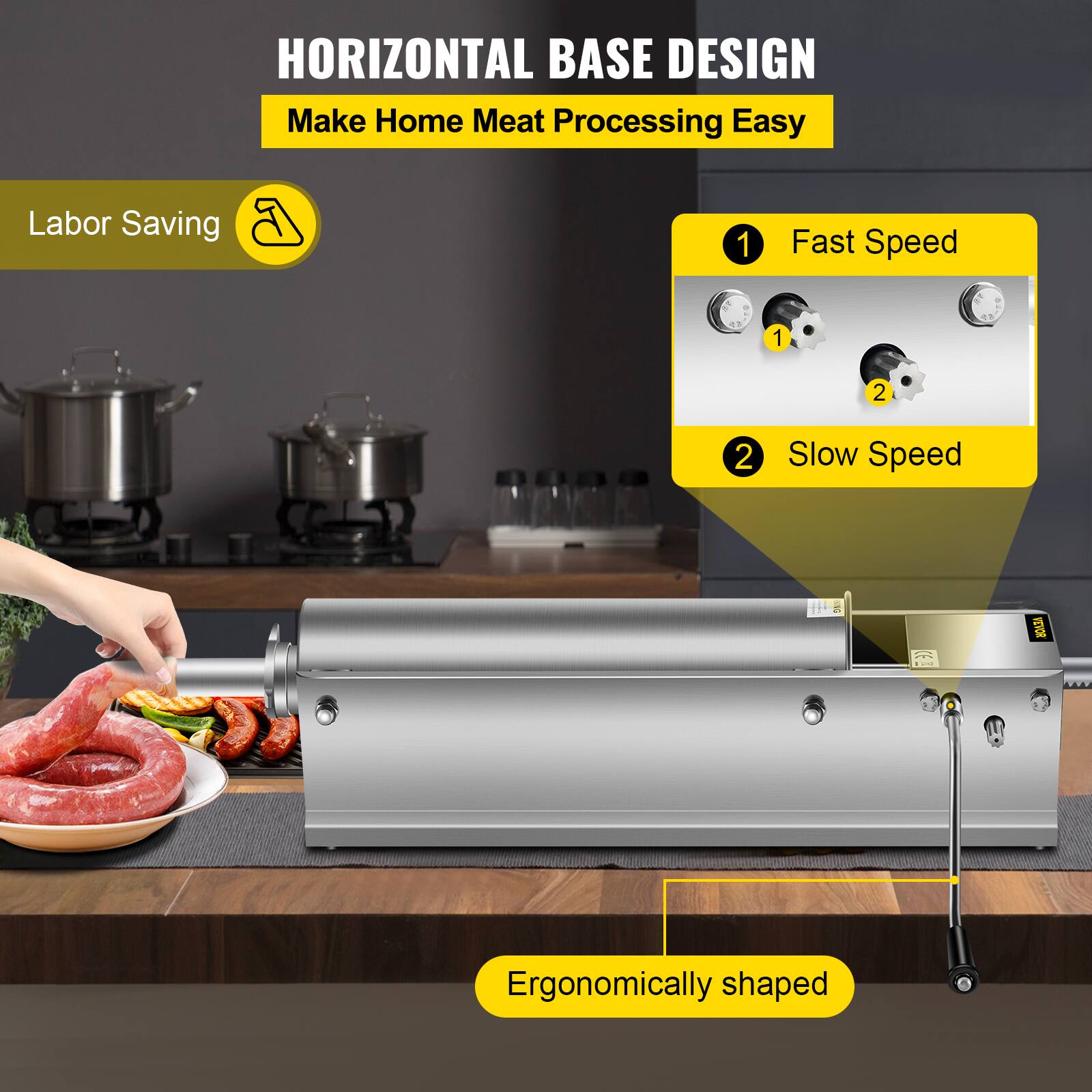 HORIZONTAL BASE DESIGN  
Make Home Meat Processing Easy

Labor Saving

1. Fast Speed
2. Slow Speed

Ergonomically shaped