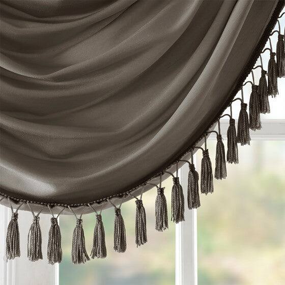 Back. BreeBe - Faux Silk Waterfall Embellished Valance Pewter 38x46' - Pewter.