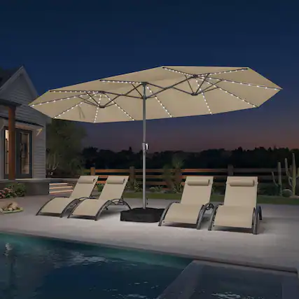 Front. PURPLE LEAF - 15 ft. Patio Market Umbrella with Solar LED and Base Double-Sided Outdoor Table Sun Umbrellas for Pool Deck Backyard - Beige.