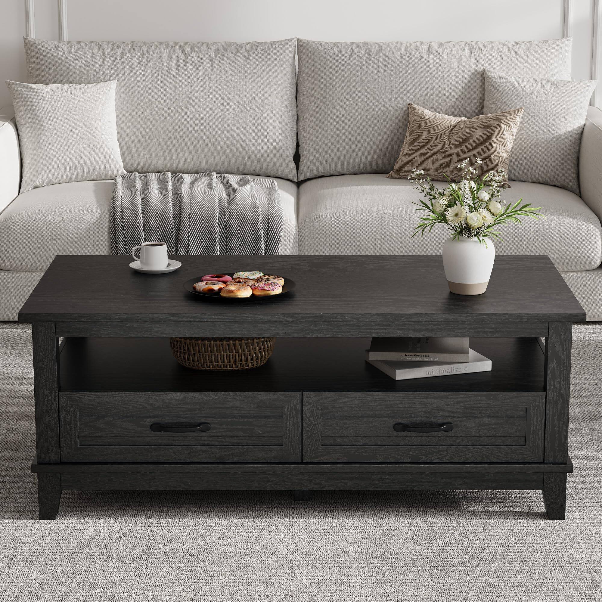 Left. Jojoka - Farmhouse Coffee Table with Drawers, 47.2" Center Table Rustic Coffee Tables with Open Shelf - Black.