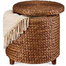 Best Choice Products - 17" Round Storage Ottoman with Lid - Handwoven Water Hyacinth Modern Footstool - Chestnut
