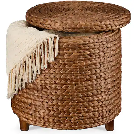 Front. Best Choice Products - Best Choice Products 17" Round Storage Ottoman with Lid - Handwoven Water Hyacinth Modern Footstool, Chestnut - Chestnut.