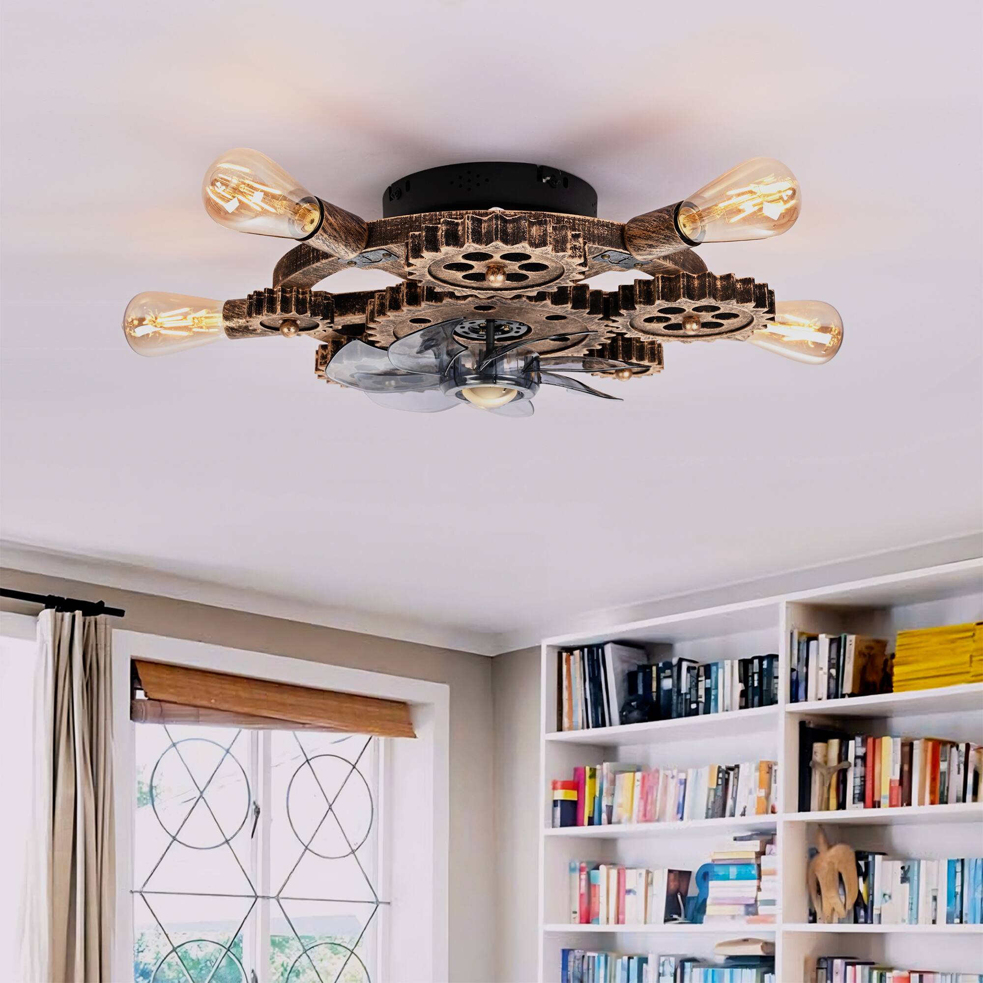 Angle. GOODSILO - 19.6" Farmhouse Caged Ceiling Fan with Light & Remote, 7 Blades, Industrial Retro (Bulbs Not Included) - Bronze.