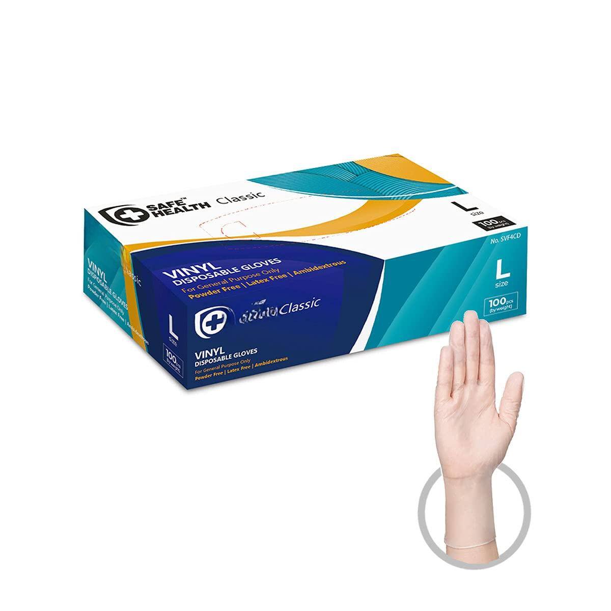 VINYL DISPOSABLE GLOVES  
SAFE HEALTH Classic  
Powder Free | Latex Free | Ambidextrous  
For General Purpose  
Waterproof  
100 Gloves  
Size L  
No. SV4CD  
100 pcs