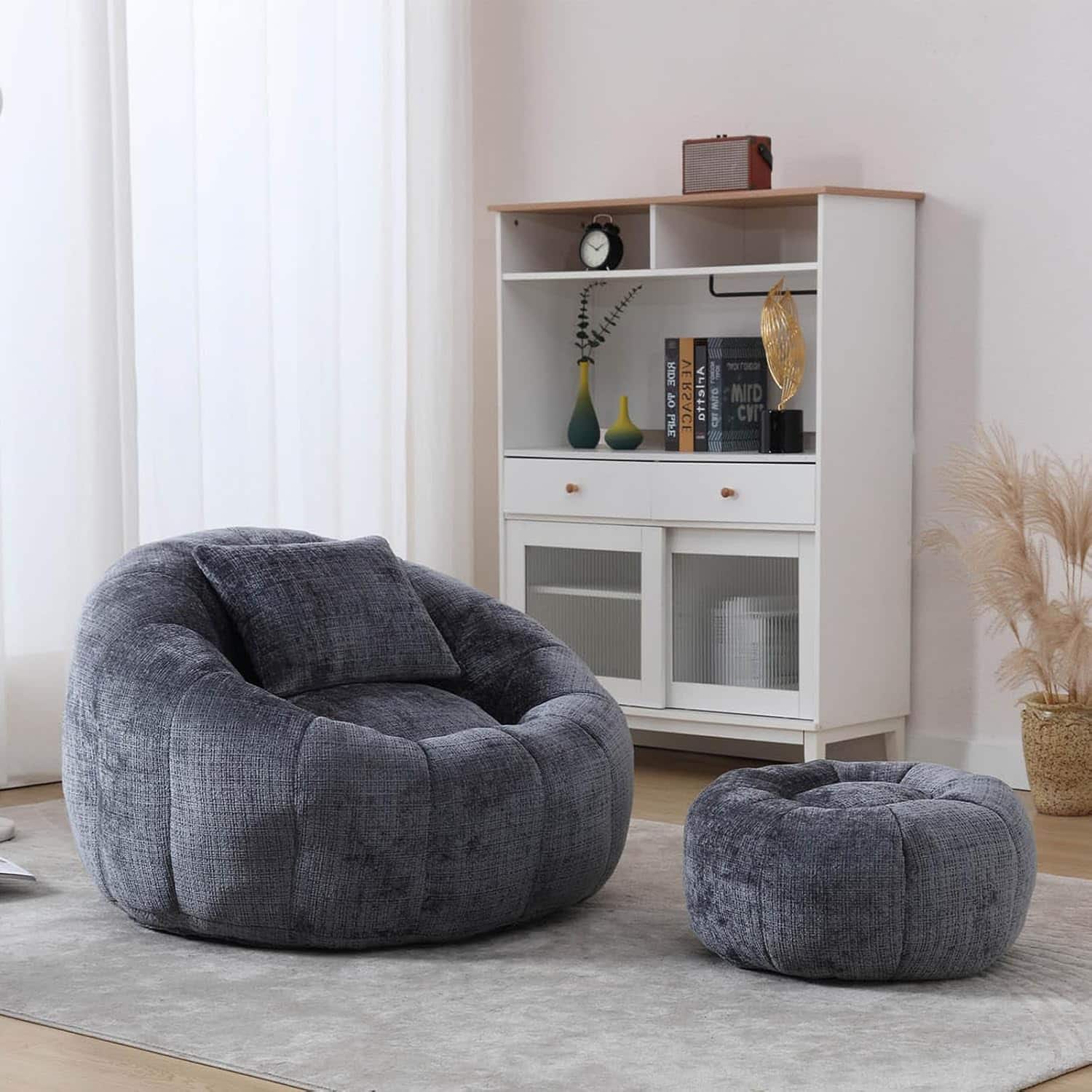 Trinkets Crazed - Pumpkin Bean Bag Chair - Comfy Accent Reading Chair with Ottoman & Pillow, Round Chair for Adults - Gray