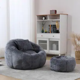 Trinkets Crazed - Pumpkin Bean Bag Chair - Comfy Accent Reading Chair with Ottoman & Pillow, Round Chair for Adults - Gray