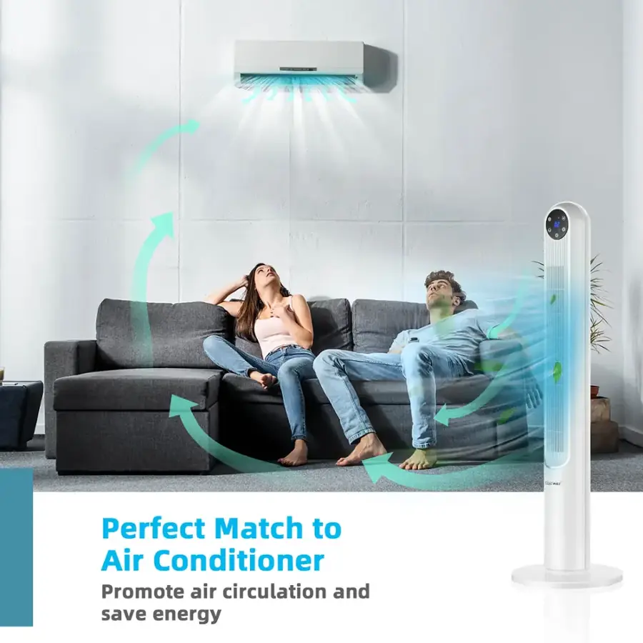 The text on the image is: "Perfect Match to Air Conditioner Promote air circulation and save energy."