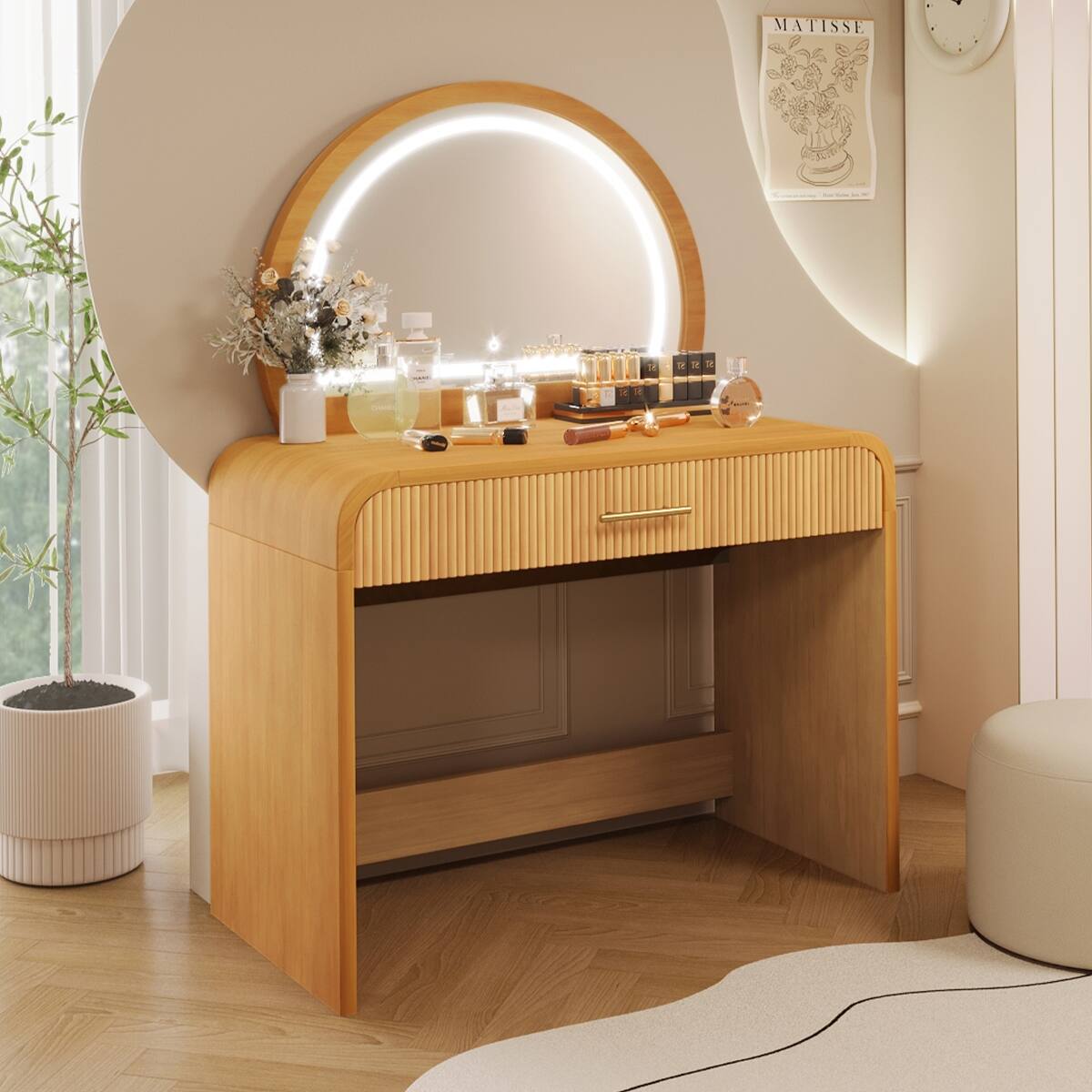Left. Loheer - Loheer 39 Inch Makeup Vanity Table with Lighted Touch Screen Mirror, Drawer, Natural Rubberwood - Natural.