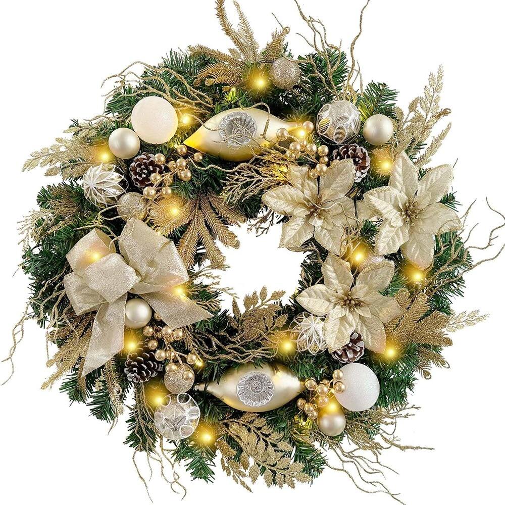 Front. RTMB - 24" Pre-Lit Christmas Wreath, Champagne Gold with LED Lights - Color: 04-champagne Gold.