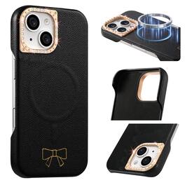 Dteck - Luxury PU Leather Texture Magnetic Case for Apple iPhone 15 with Diamond Lens Border, Shockproof Hard PC Phone Cover - Black