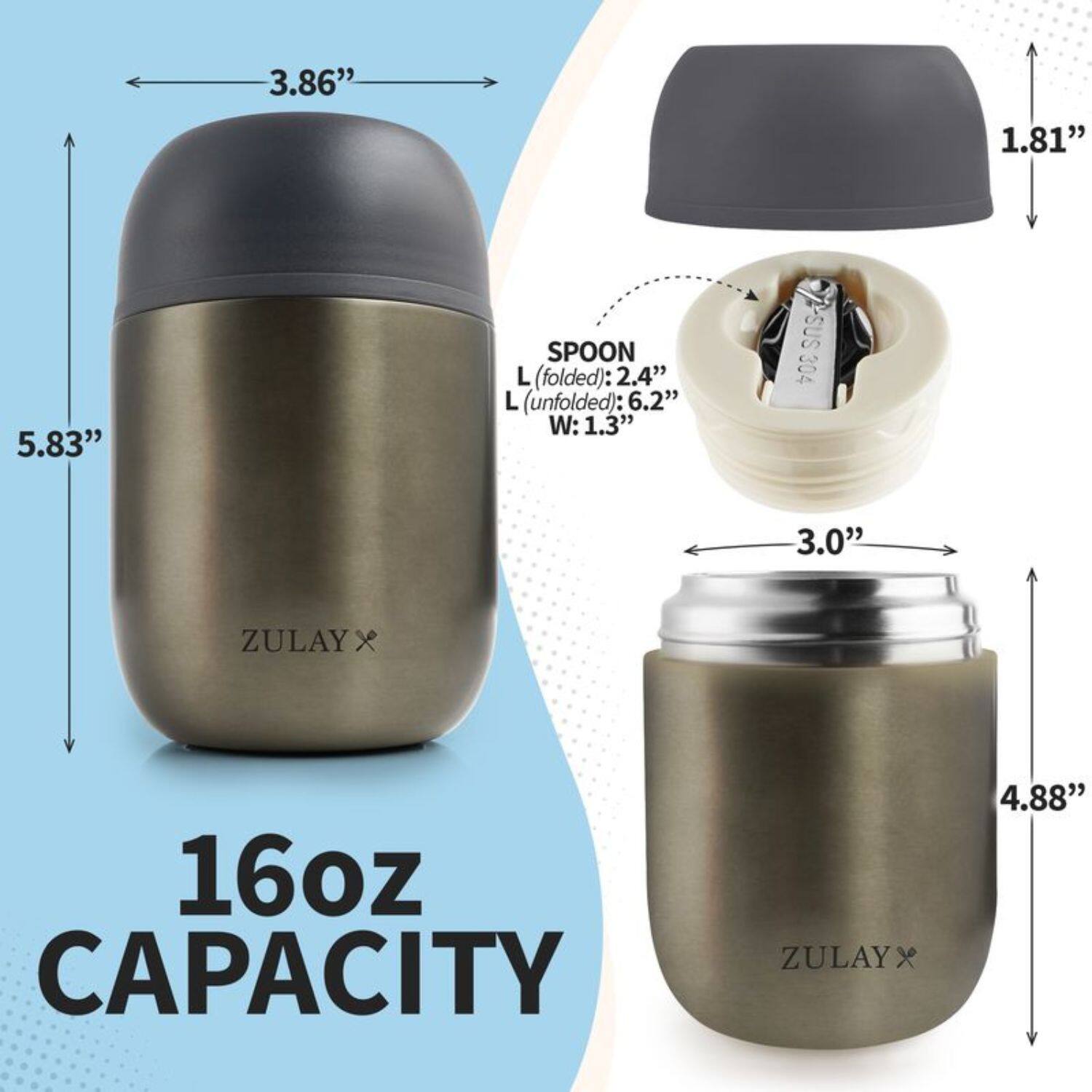3.86", 1.81", 5.83", 3.0", 4.88", 16oz CAPACITY, ZULAY x, SPOON L (folded): 2.4", L (unfolded): 6.2", W: 1.3", ZULAY x