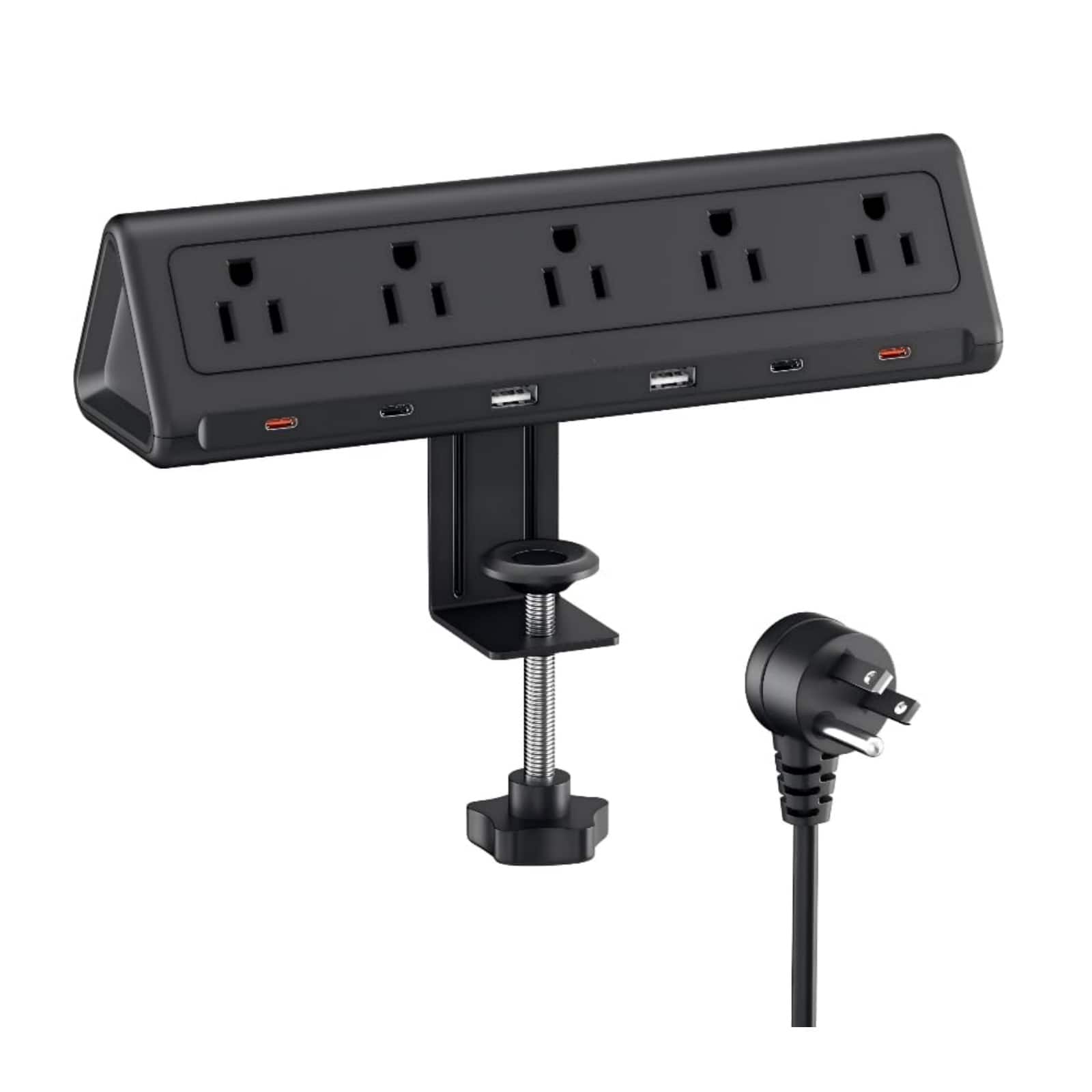 Dazzed Corner - 6.5 FT Desk Clamp Power Strip, 5 Outlets, 6 USB Ports, 1250J Surge Protector - Black
