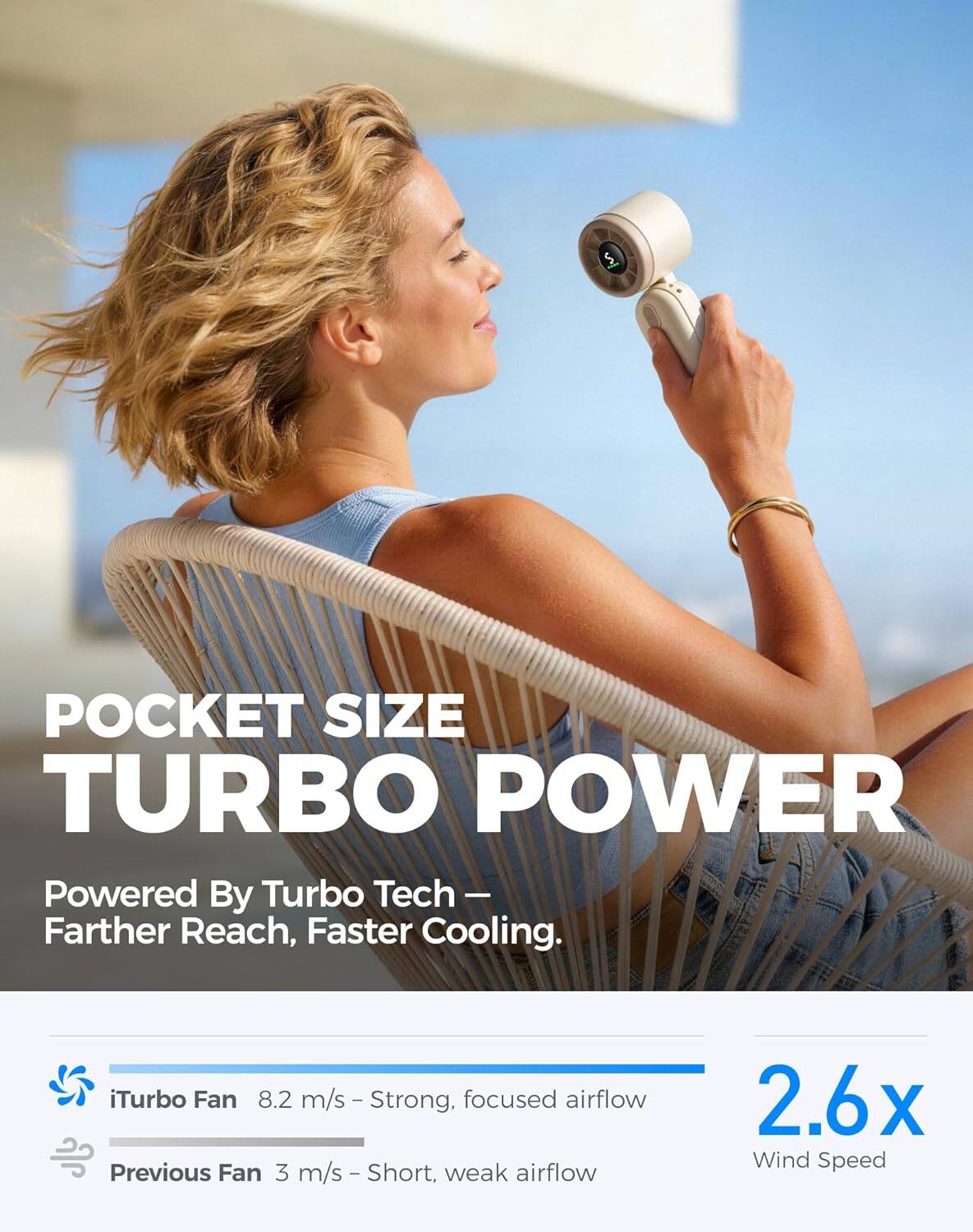 POCKET SIZE TURBO POWER  
Powered By Turbo Tech - Farther Reach, Faster Cooling.  

iTurbo Fan 8.2 m/s - Strong, focused airflow  
Previous Fan 3 m/s - Short, weak airflow  

2.6x Wind Speed