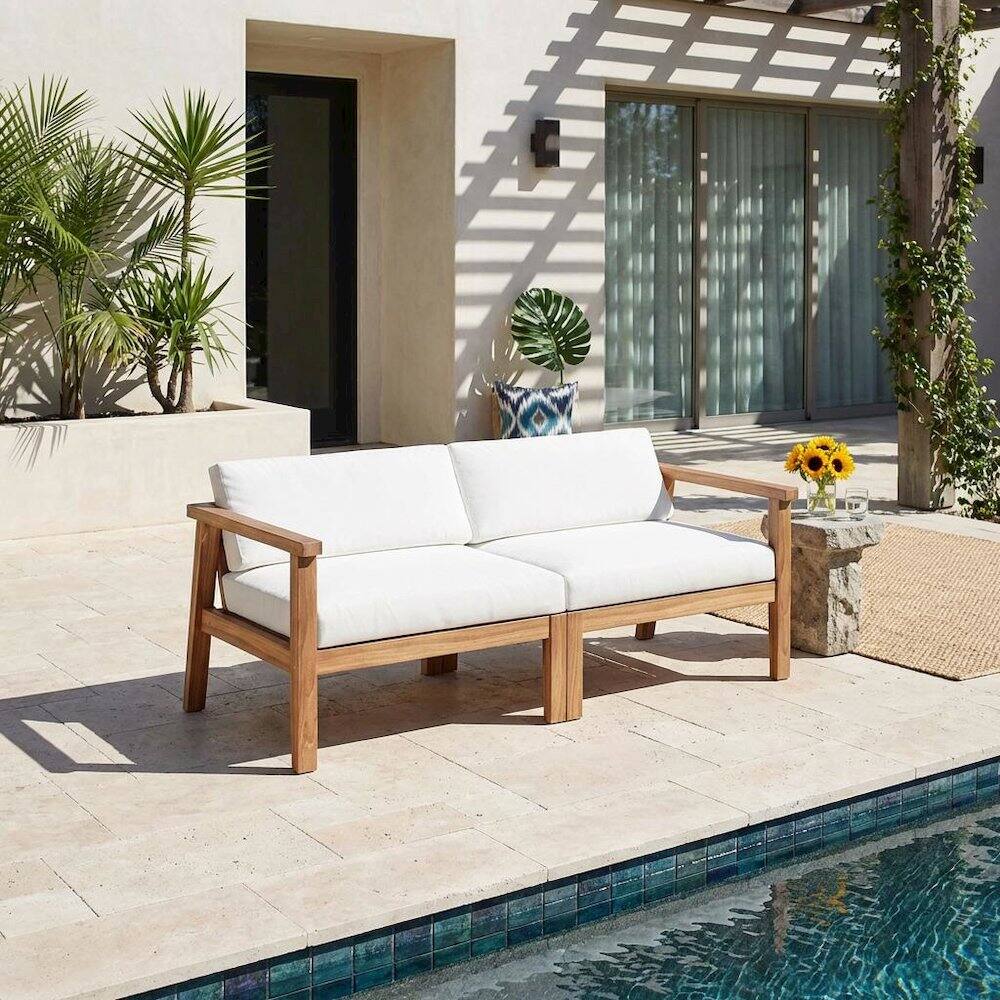 Angle. Outdoor Escape - Outdoor Patio Teak Wood 2-Seater Loveseat With Armrest And Backrest - White.