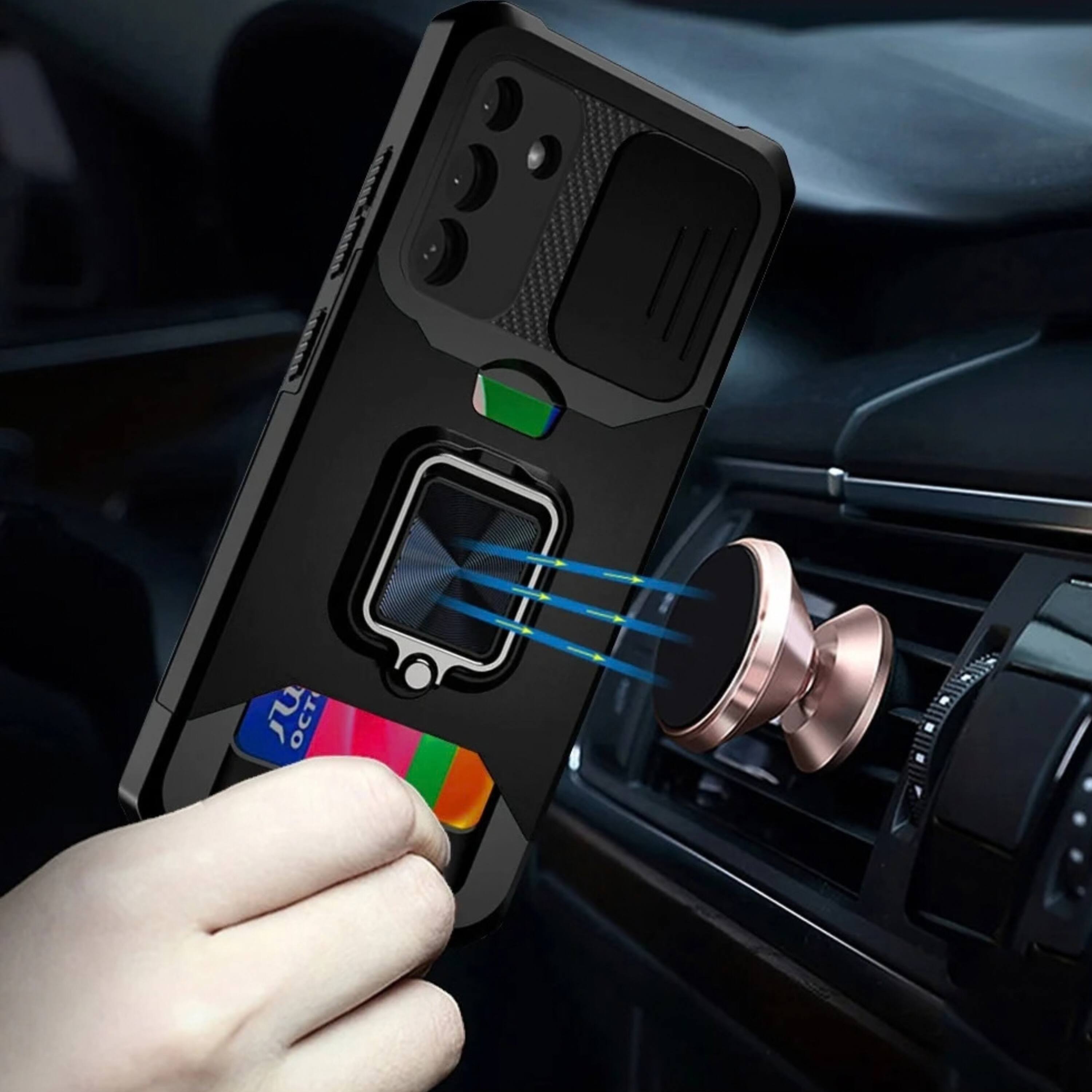 Angle. Kitcheniva - Multi Use Card Slot Magnetic Ring Stand Phone Case With Tempered Glass For Samsung A36 A56 Black - Black.
