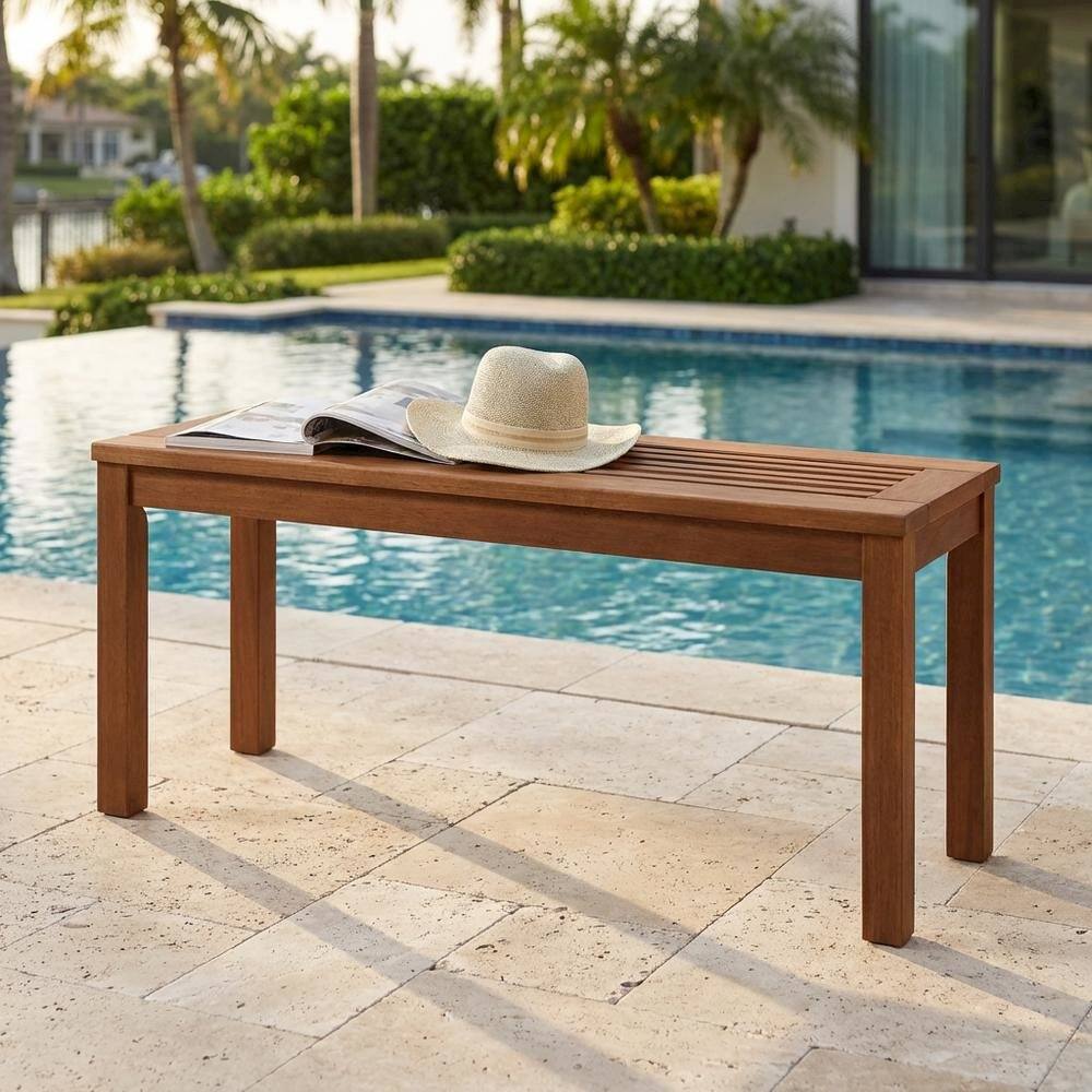 Left. Outdoor Escape - Backless outdoor garden bench with light wood finish for patio and deck sitting - Light Wood.