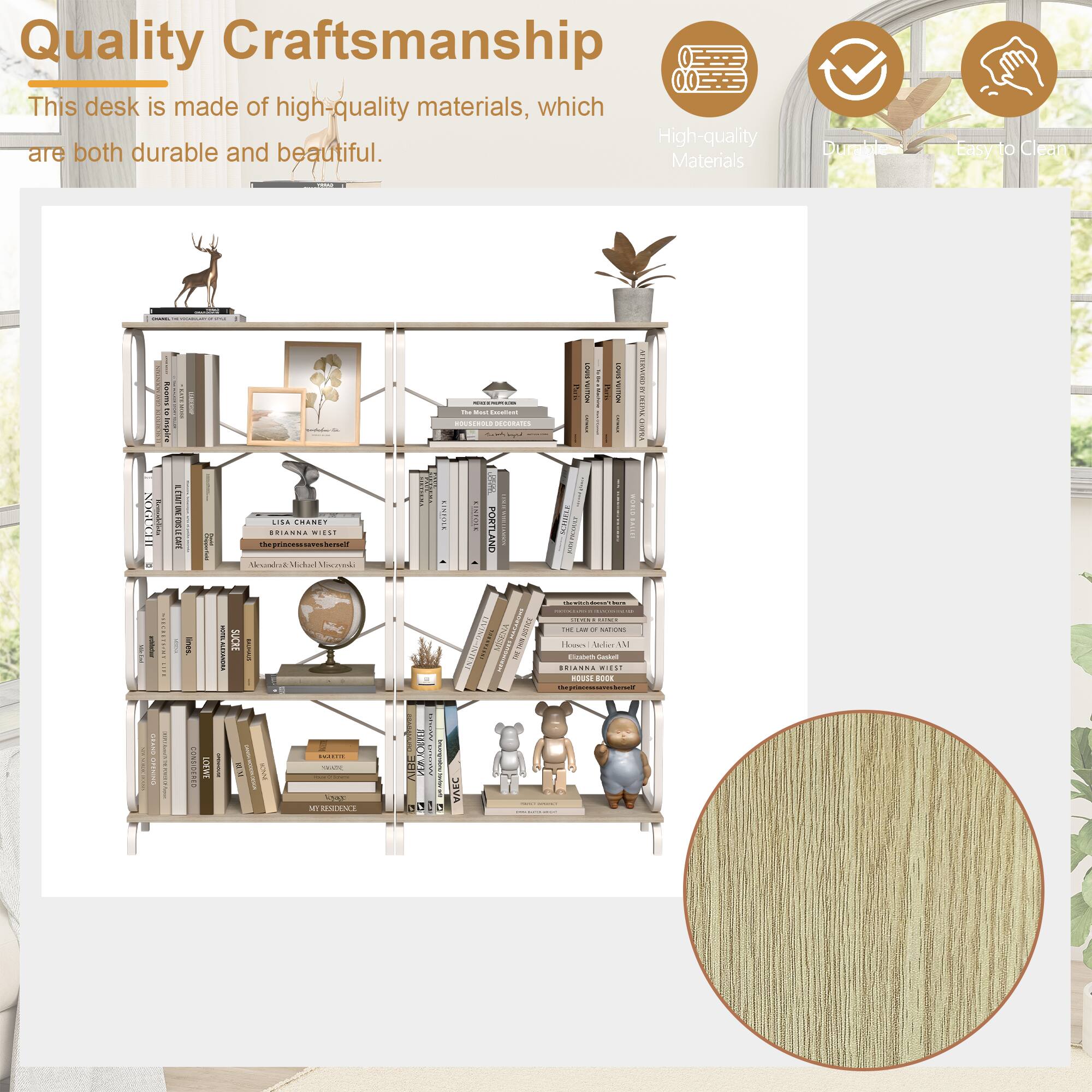 Quality Craftsmanship  
This desk is made of high-quality materials, which are both durable and beautiful.

- High-quality Materials
- Durable
- Easy to Clean