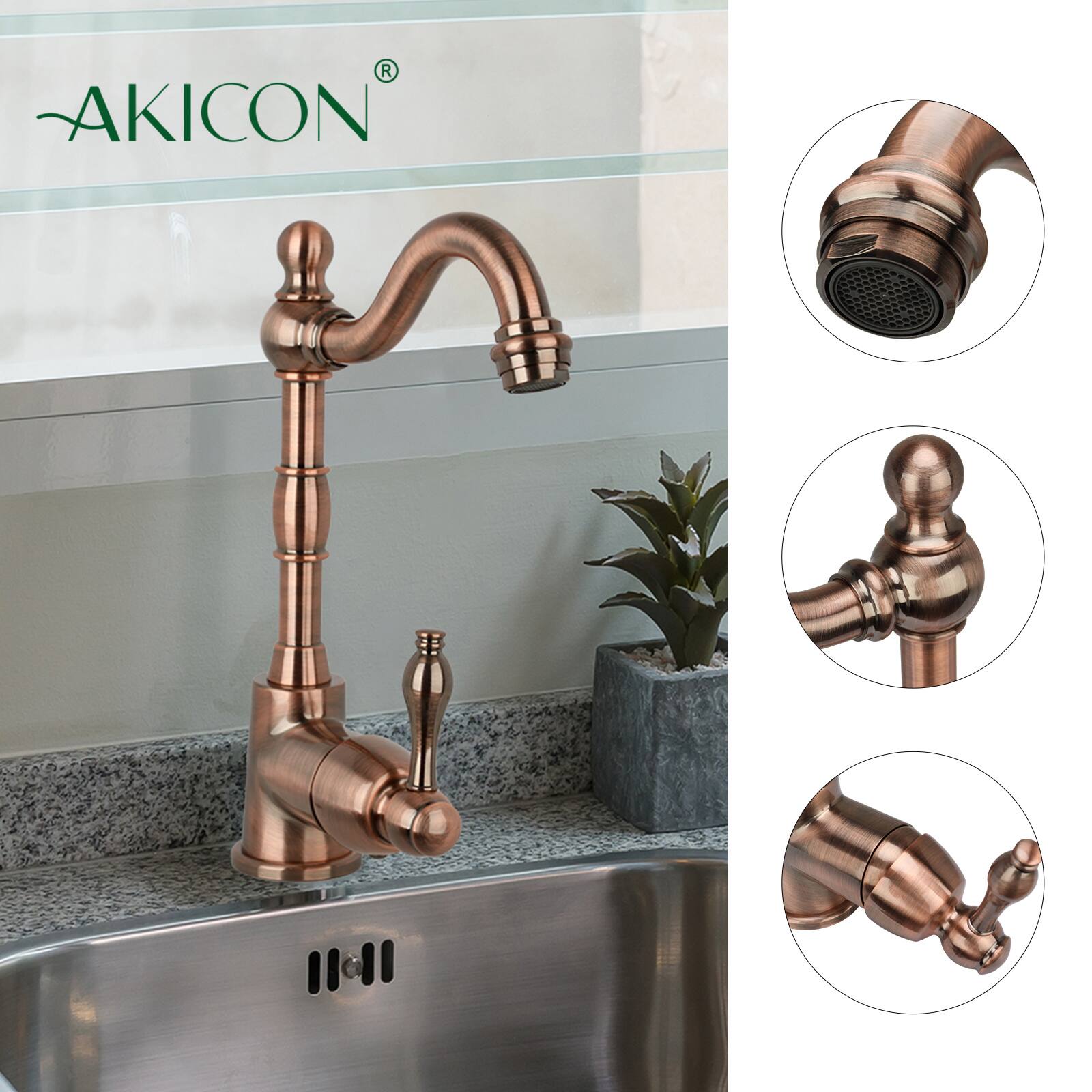 Alt View 2. Akicon - Akicon Solid Brass One-Handle Widespread Kitchen Bar Faucet in Antique Copper - Antique Copper.